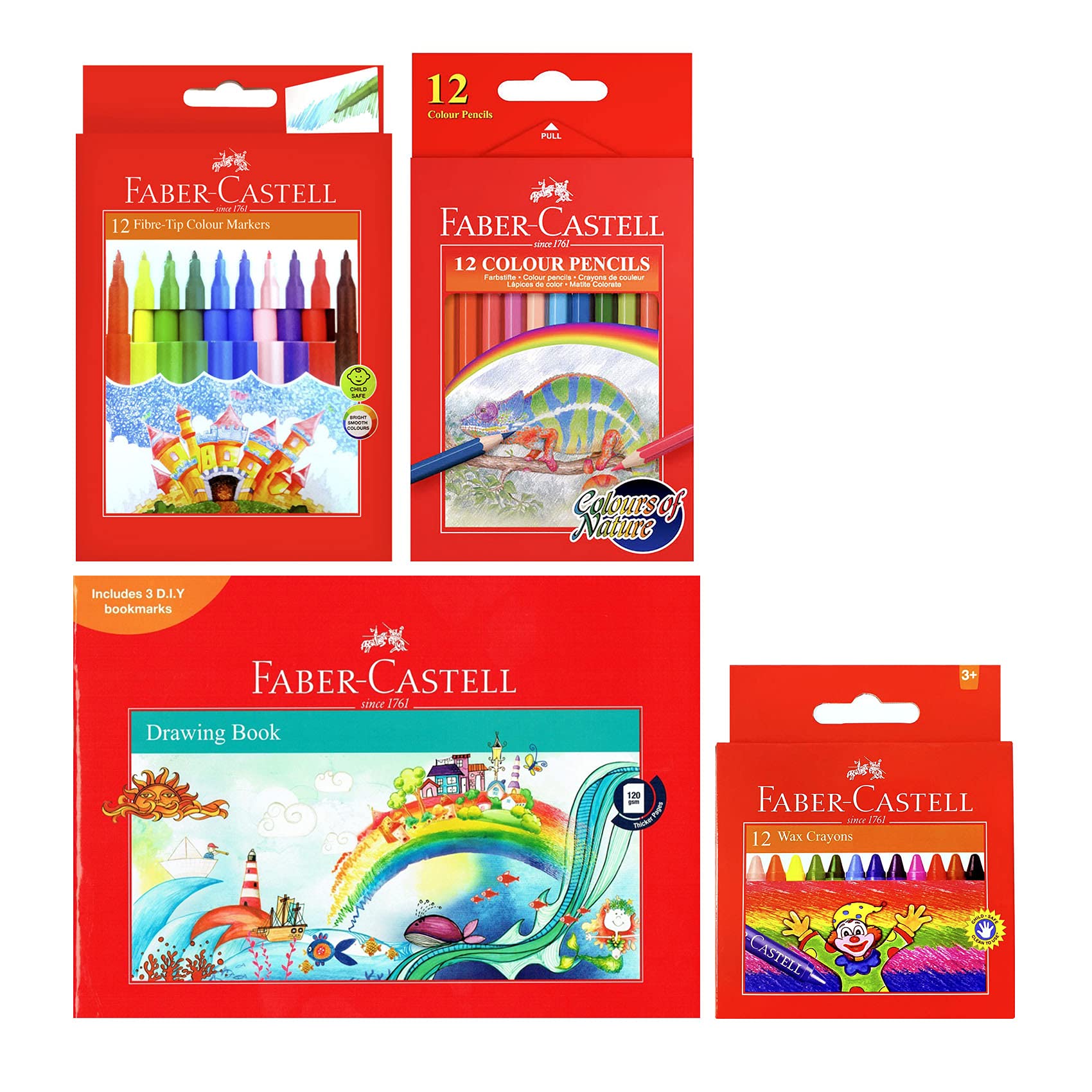 مجموعه نقاشی Faber-Castell: کتاب A4، 12 قلم مداد رنگی، 12 خودکار فیلت، 12 مداد روغنی، تعداد 4 عدد (بسته‌ای نظیر 1)، 1909