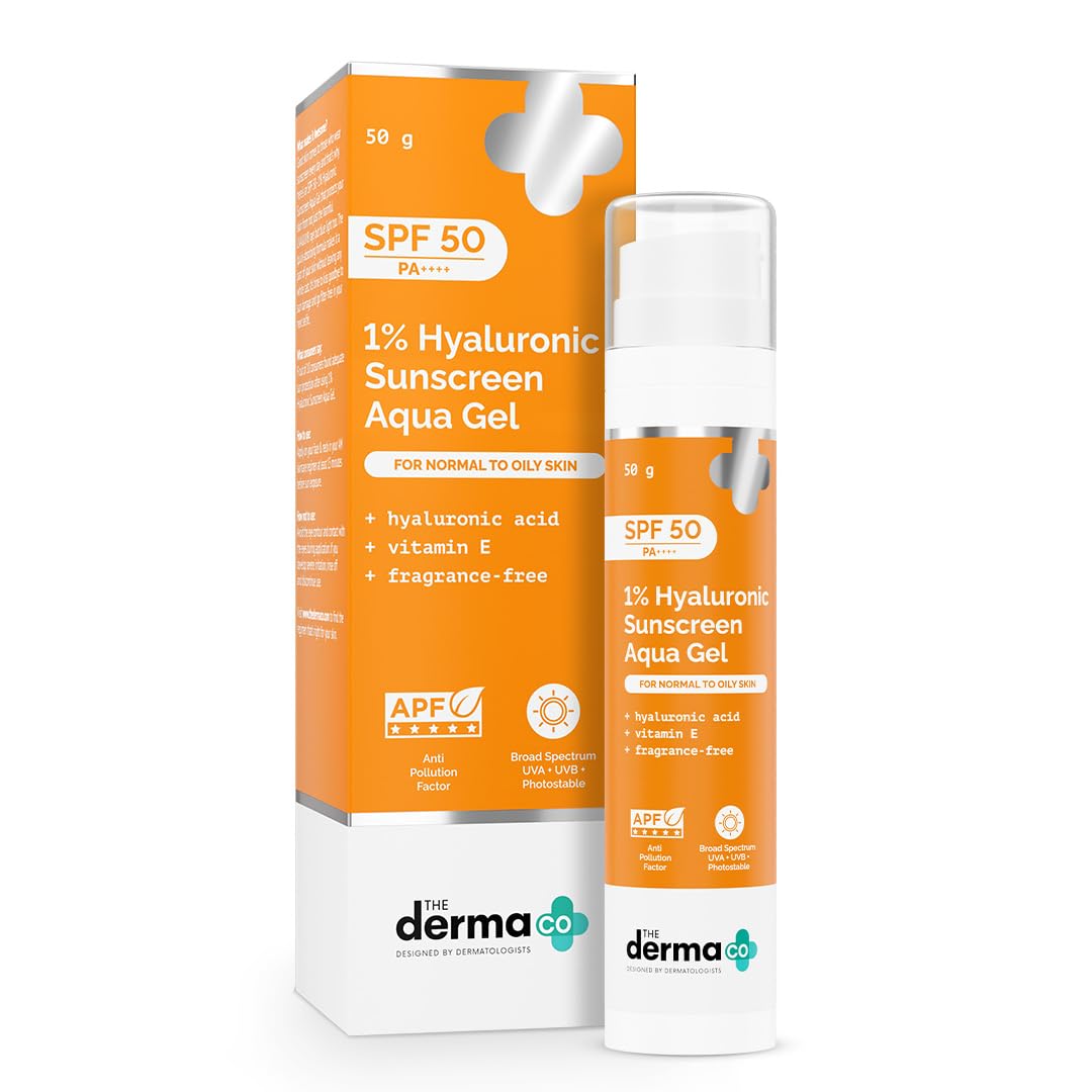 کرم ضد آفتاب Derma Co 1% Hyaluronic Sunscreen Aqua Ultra Light Gel SPF 50 PA++++ | پوشش وسیع UVA/UVB و محافظت در برابر نور آبی | ضد آلودگی، بدون چربی، بدون عطر | برای پوست چرب - 50 گرم (بسته‌ای 1 عدد)