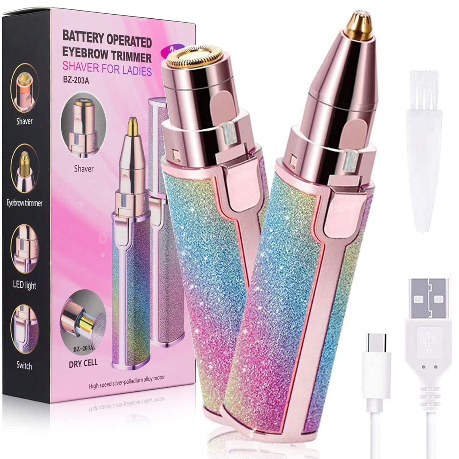 برش ابرو AWH، پاک کننده موی صورت برای زنان، شارژی بدن و صورت تیغه ای برقی USB، پاک کننده موی بینی لب بغل و بیکینی بدون درد با چراغ LED داخلی، هدیه بانوان (رنگین کمان 1 بسته 2 سر)