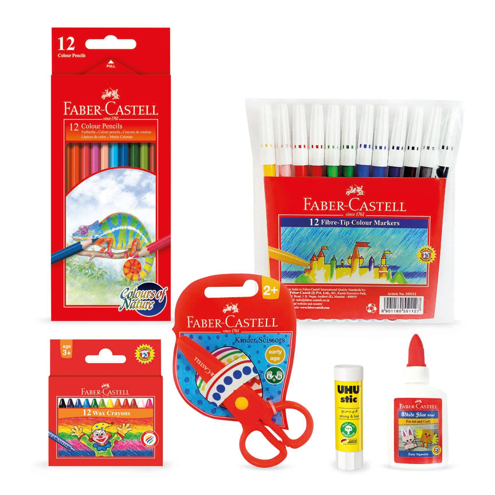 کیت لوازم التحریر مدرسه Faber-Castell Fczpr 2، رنگ 12 رنگ + مداد رنگی قابل شستشو 12 رنگ + قیچی کودک + خودرنگ قلم نوک فیبر قابل شستشو 12 رنگ + گلو مایع سفید 40 میلی‌لیتر و چسب گردونه‌ای 8.2 گرم 1.0