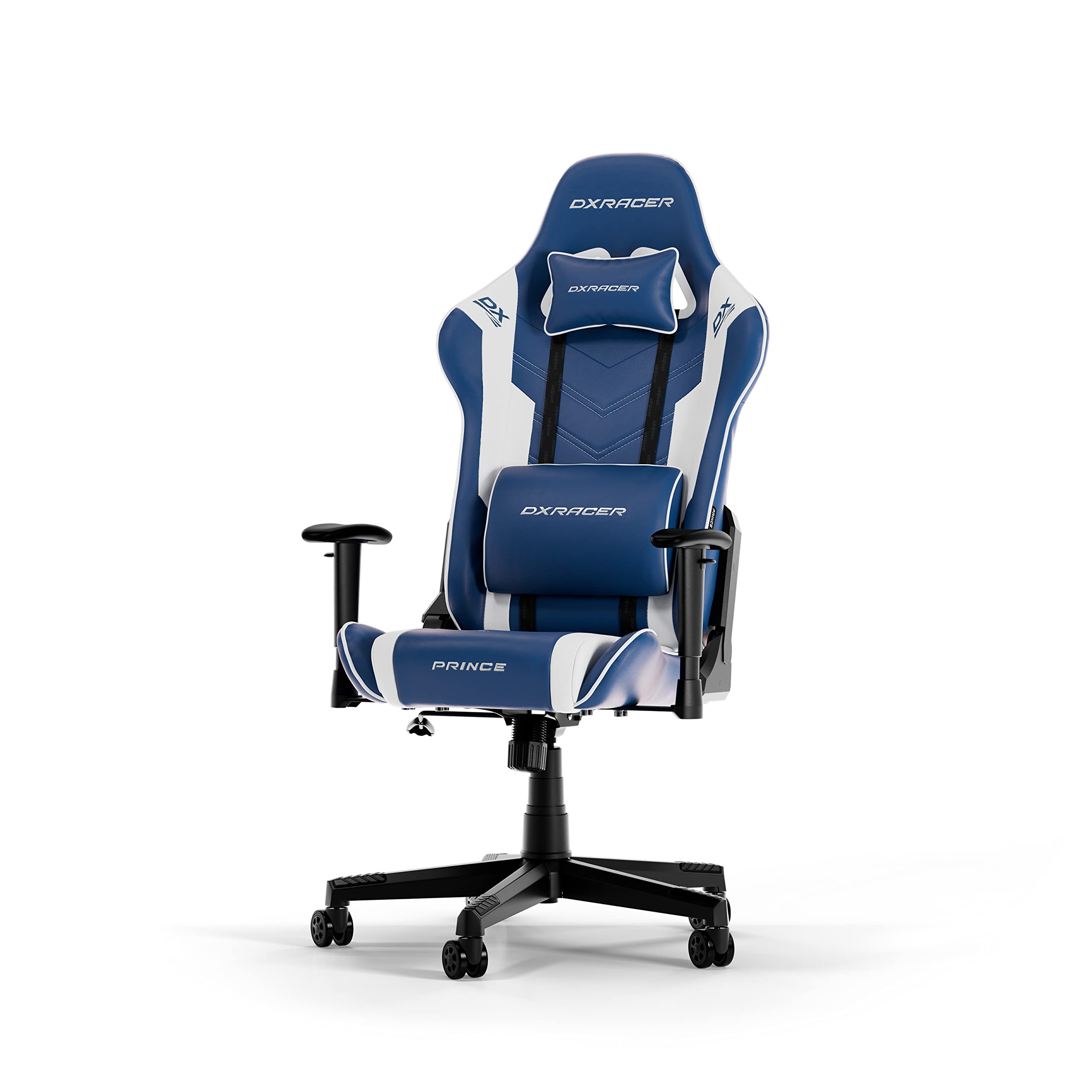 صندلی بازی DXRacer (اصلی) مدل Prince P132، با پوشش چرم مصنوعی، رنگ آبی و سفید، مناسب افرادی با قد تا ۱۸۵ سانتیمتر.