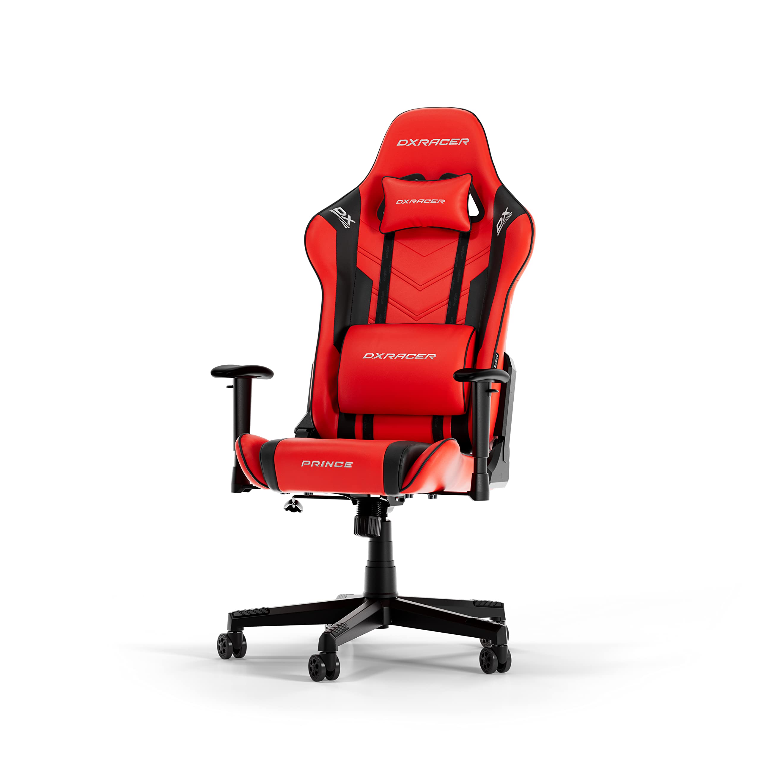 صندلی بازی DXRacer (اصلی) مدل Prince P132، جنس مصنوعی، قرمز-سیاه، مناسب افراد تا ۱۸۵ سانتی‌متر