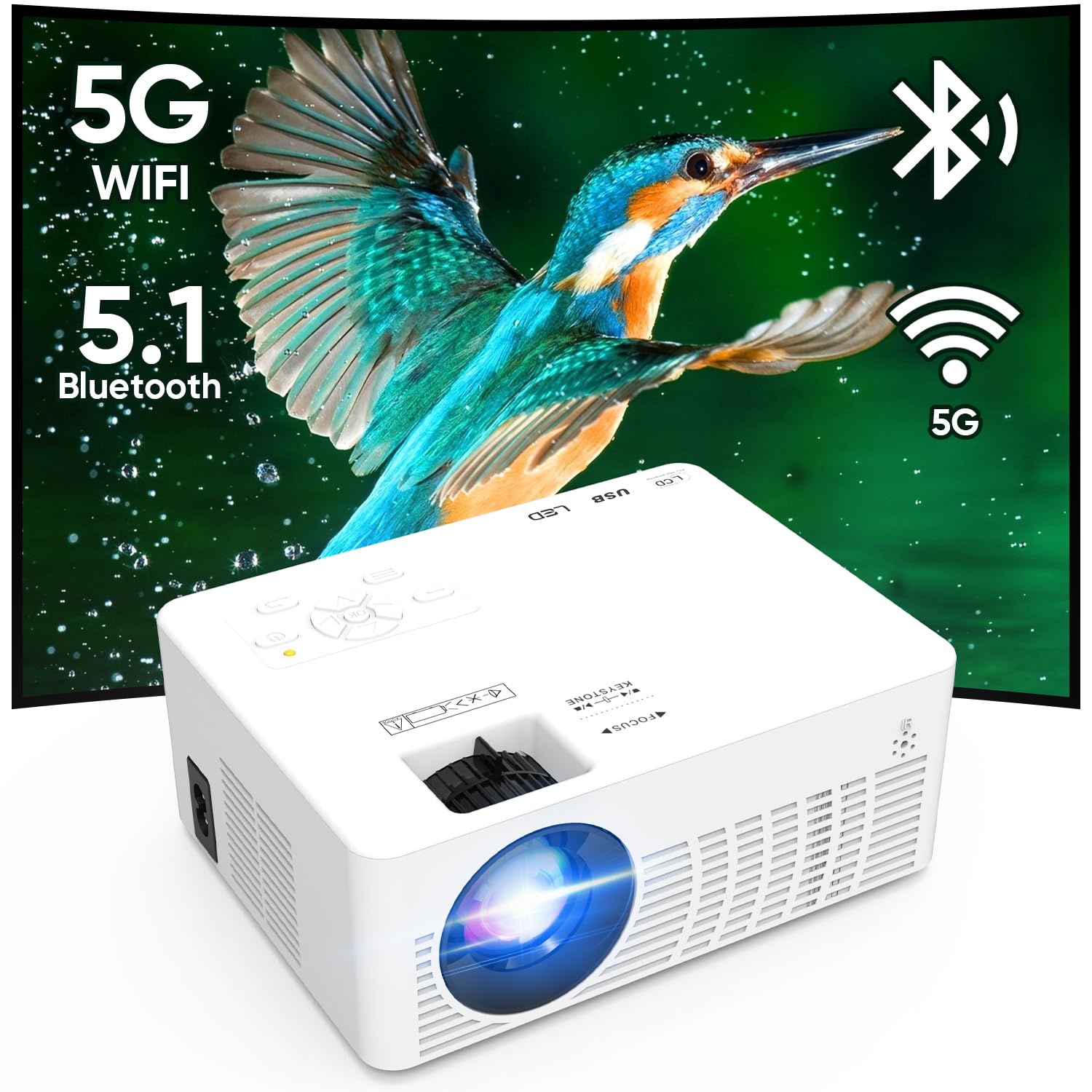 پروژکتور KEEPWISE WiFi به همراه صفحه نمایش ۱۰۰ اینچ، پروژکتور ۹۰۰۰ لومن برای تماشای فیلم در فضای باز با پشتیبانی فول اچ‌دی ۱۰۸۰P، پروژکتور قابل حمل کوچک سازگار با گوشی هوشمند، تی وی استیک، HDMI، USB، AV و AUX
