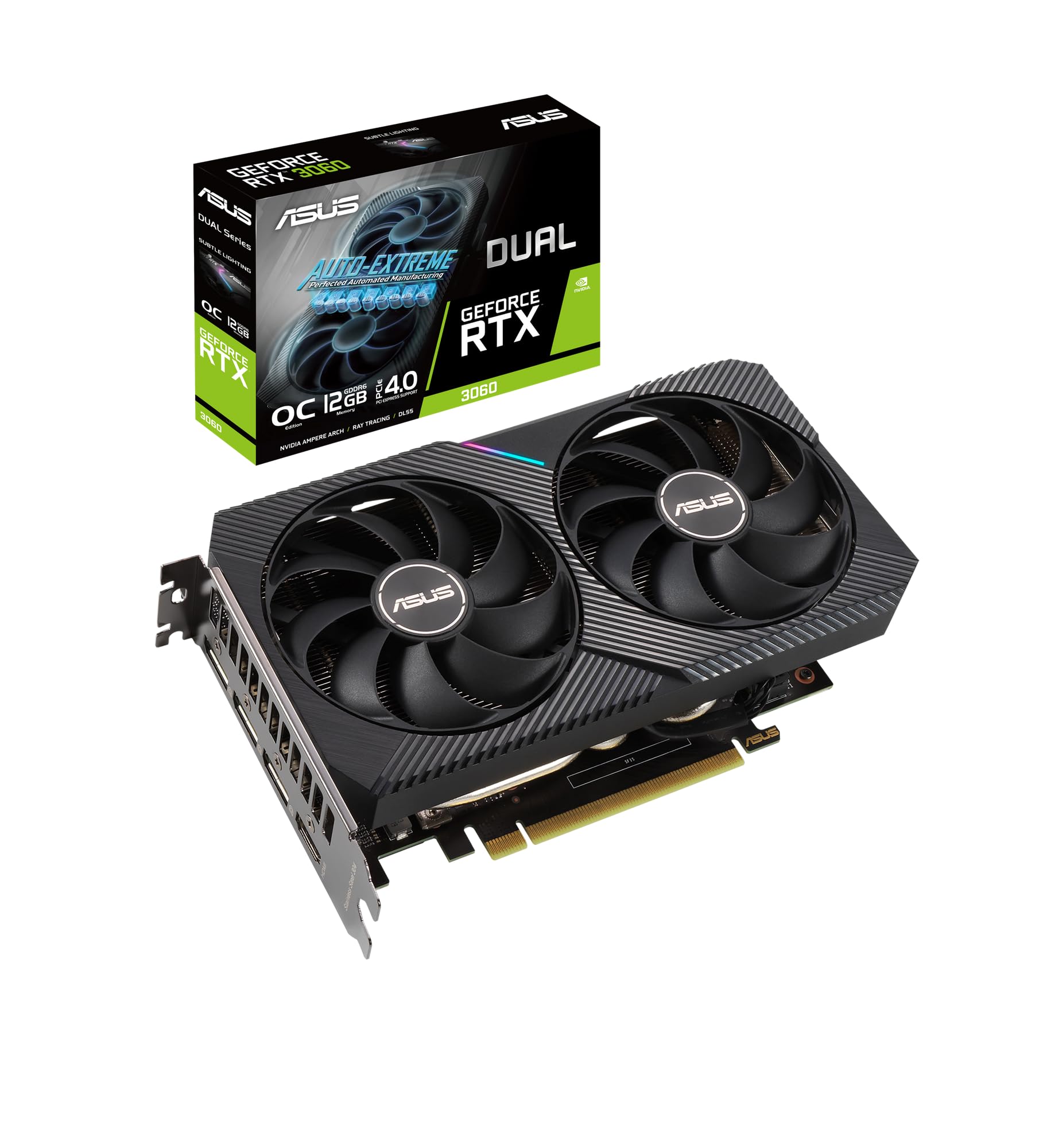 کارت گرافیک بازی ایسوس دوگانه NVIDIA GeForce RTX 3060 V2 OC Edition، PCIe 4.0، حافظه 12 گیگابایت GDDR6، HDMI 2.1، DisplayPort 1.4a، طراحی 2-شیاره، 15Gbps، 192-بیت - رنگ مشکی گرافیک دوگانه DUAL RTX3060 O12G V2