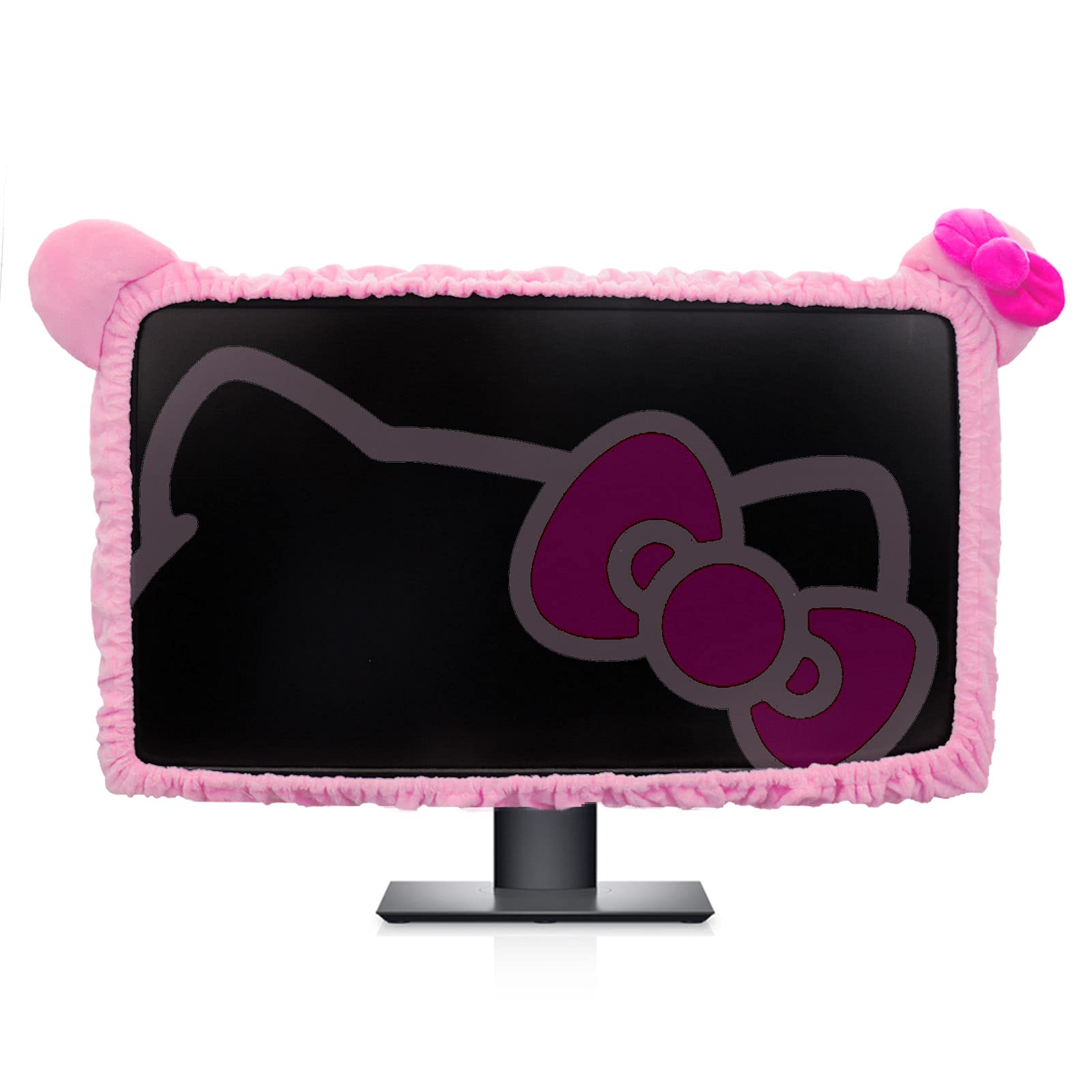 کاور مانیتور کامپیوتر 23'' - 34'' با طراحی گوش گربه، کاور محافظ مانیتور زیبا با طراحی مخملی، ضد گرد و غبار الاستیک، مناسب برای کامپیوتر، تبلت، تلویزیون 27-34 اینچ صورتی
