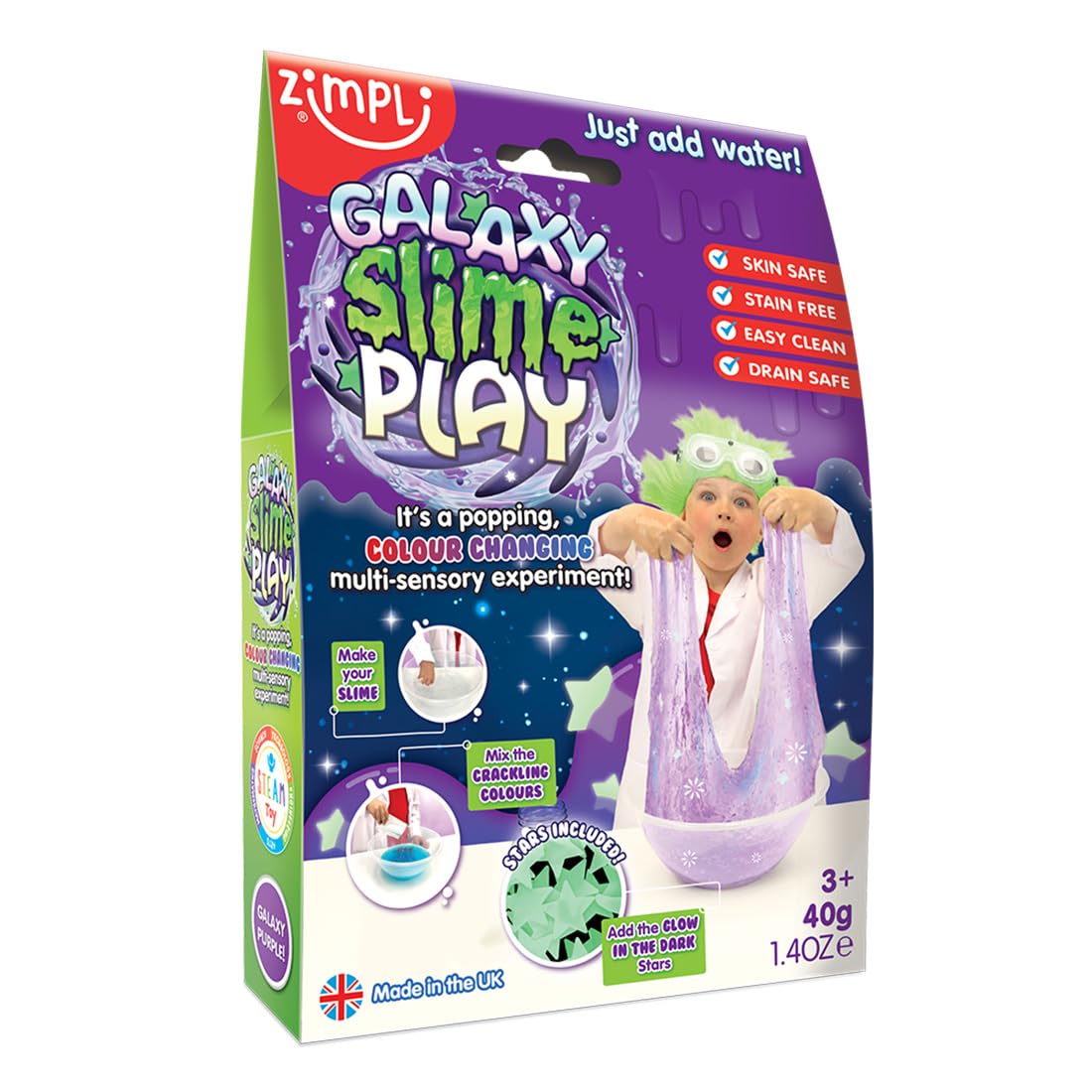 بازی گلکسی اسلایم Zimpli Kids با 10 عدد ستاره در تاریکی روشن و 2 عدد کرکل باف رایگان، به شکل جادویی آب را به اسلایم چسبناک و براق تبدیل می‌کند، کیت آزمایش علمی کودکان، اسلایم گالاکسی خود را در بازی پلی پک درست کنید