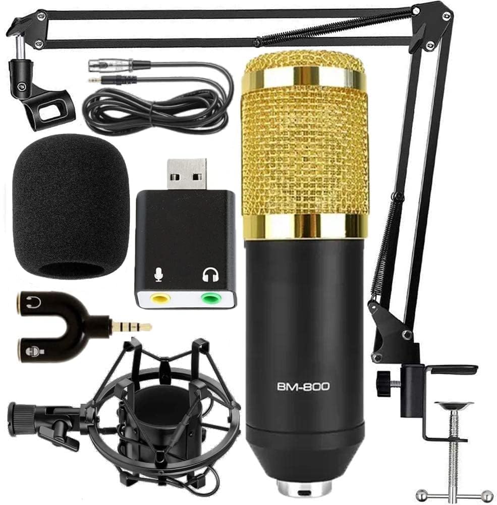 میکروفون ضبط کننده دینامیک تک بلیز BM 800 همراه با کارت صدا + ایستاده میکروفون نواری + جدا کننده صدا میکروفون + ایستاده + کارت صدا