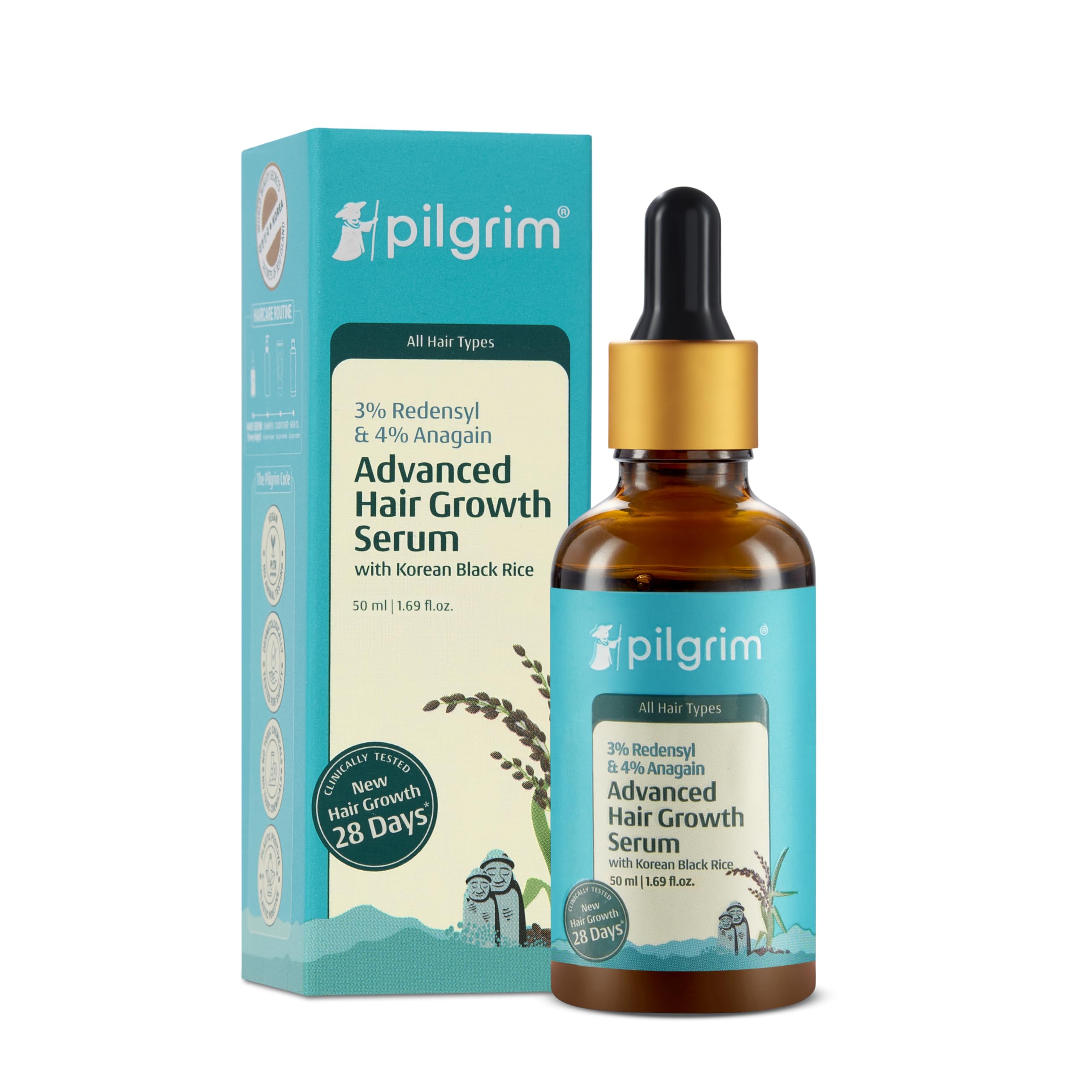 سرم پیشرفته رشد مو با Pilgrim Redensyl 3% + Anagain 4% + Baicapil (50 میلی‌لیتر) برای پوست سر با برنج سیاه کره ای، صندلی سو و رویش مو را تحریک می‌کند، موهای (50 میلی‌لیتر)