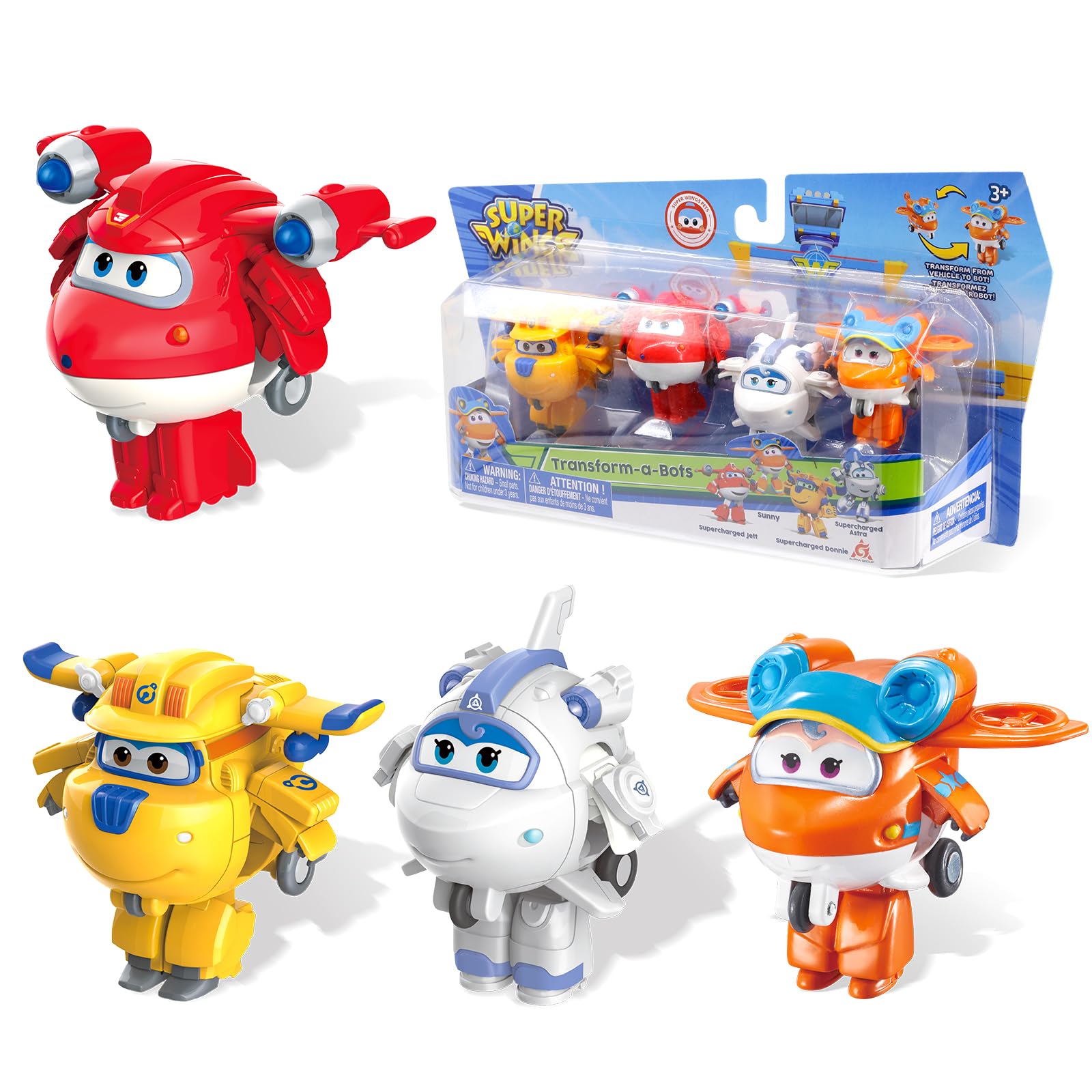 بسته‌ی 4 عددی عروسک‌های قابل تبدیل Super Wings 2، Jett، Donnie، Astra، Sunny، اسباب‌بازی هواپیما با شارژ، شخصیت‌های کوچک، اسباب‌بازی‌های جالب برای کودکان، اسباب‌بازی تبدیل‌شونده برای پسران و دختران 3، 4، 5 ساله