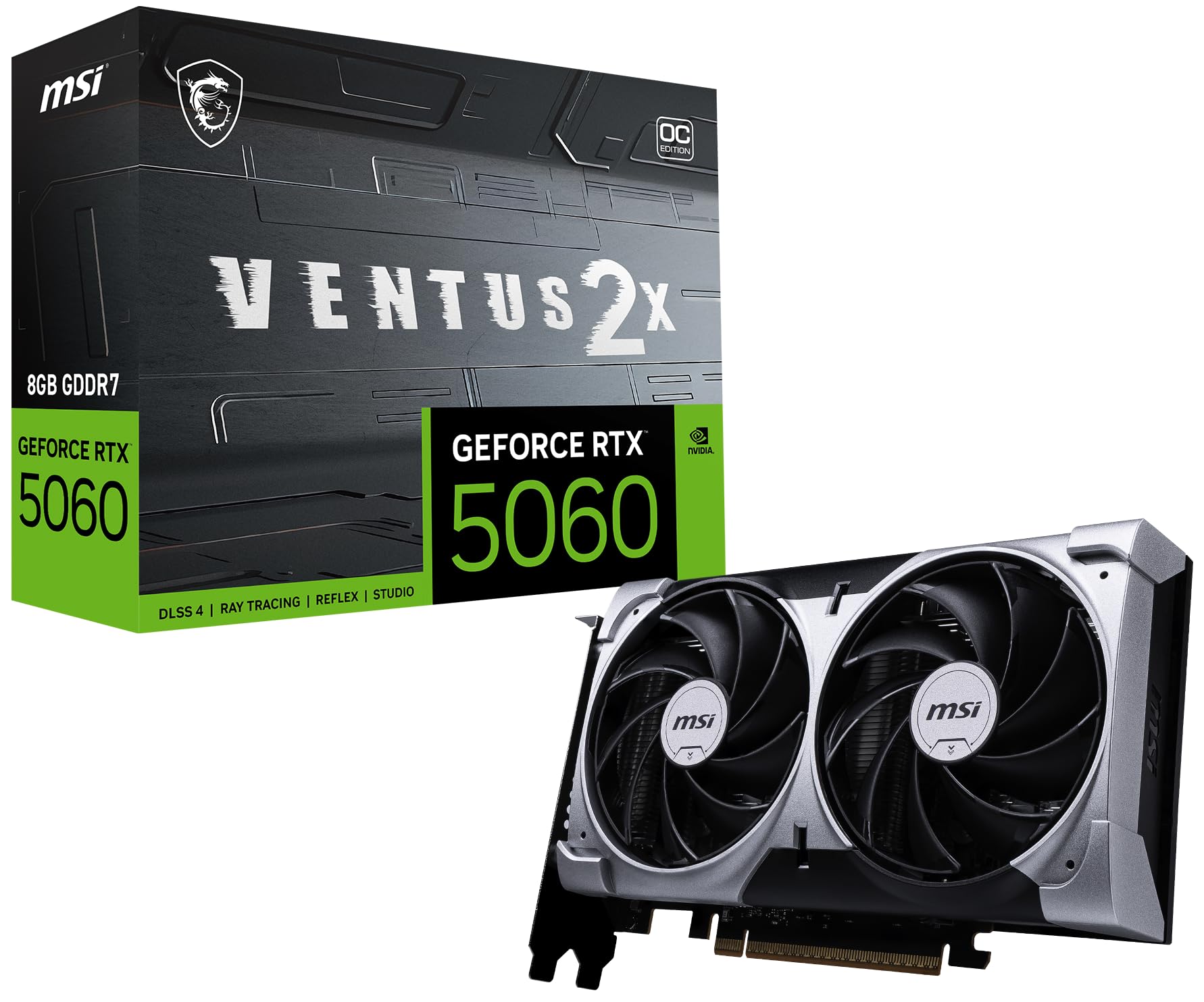 MSI GeForce RTX 5060 8G VENTUS 2X OC کارت گرافیک - ۸ گیگابایت GDDR7 (۲۸ گیگابیت بر ثانیه/۱۲۸‑بیت)، PCIe 5.0 - HDMI 2.1b، ۳× DisplayPort 2.1b