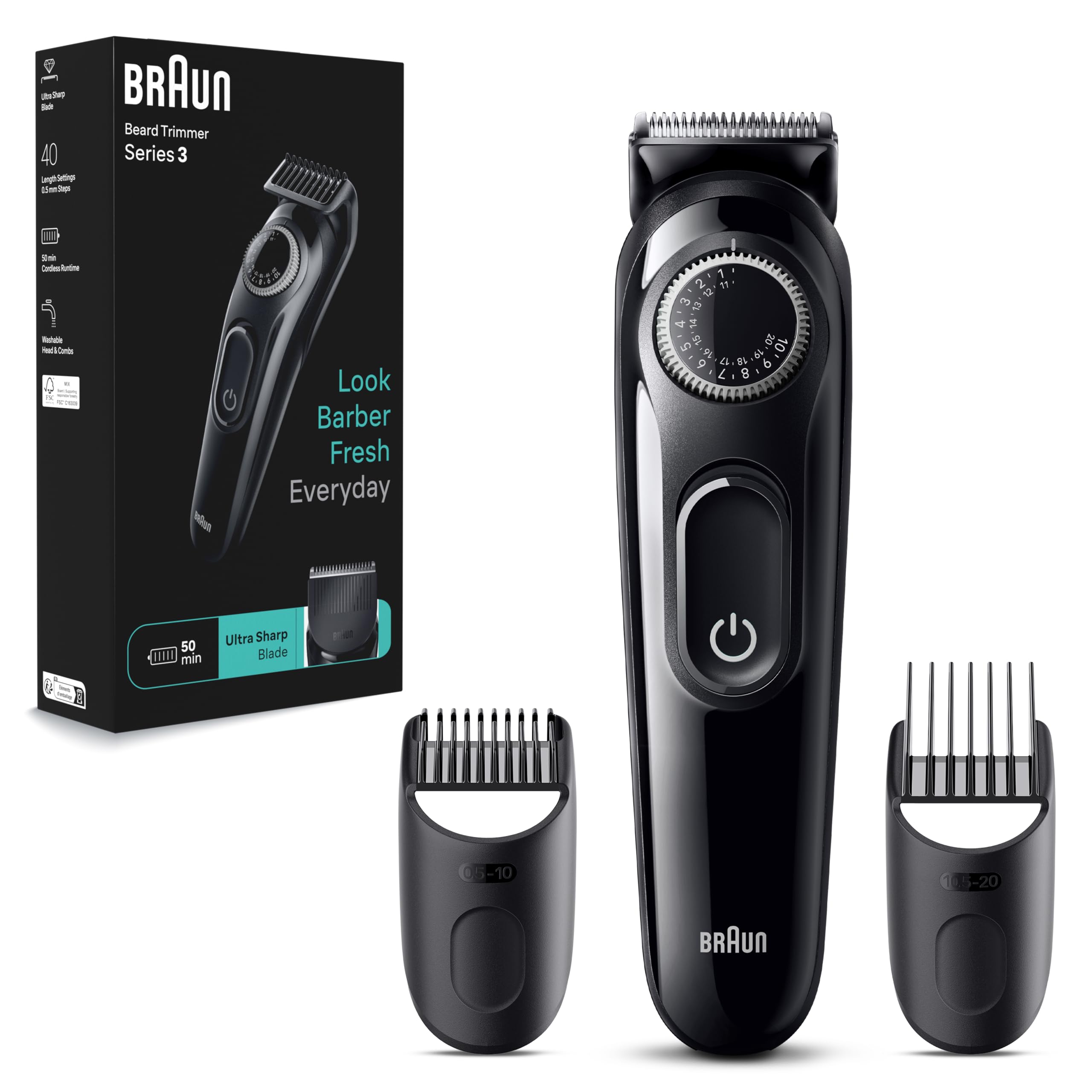 براون تریمر سری 3 3410، تریمر مردانه با ابزارهای استایلینگ و زمان استفاده 50 دقیقه ای, BT 3410