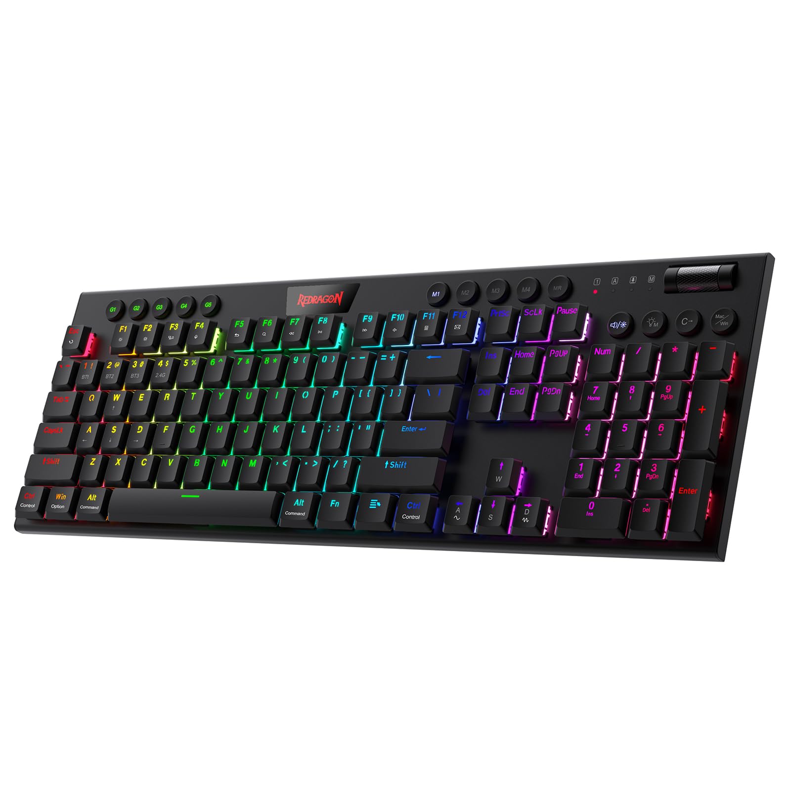 کیبورد مکانیکال بی‌سیم Redragon K618 PRO با سه حالت، با نورپردازی RGB، کیبورد بازی بی‌تی/2.4 گیگاهرتز/سیمی وین/مک با طراحی فوق‌العاده نازک، کنترل رسانه‌ای اختصاصی و سوییچ قرمز خطی