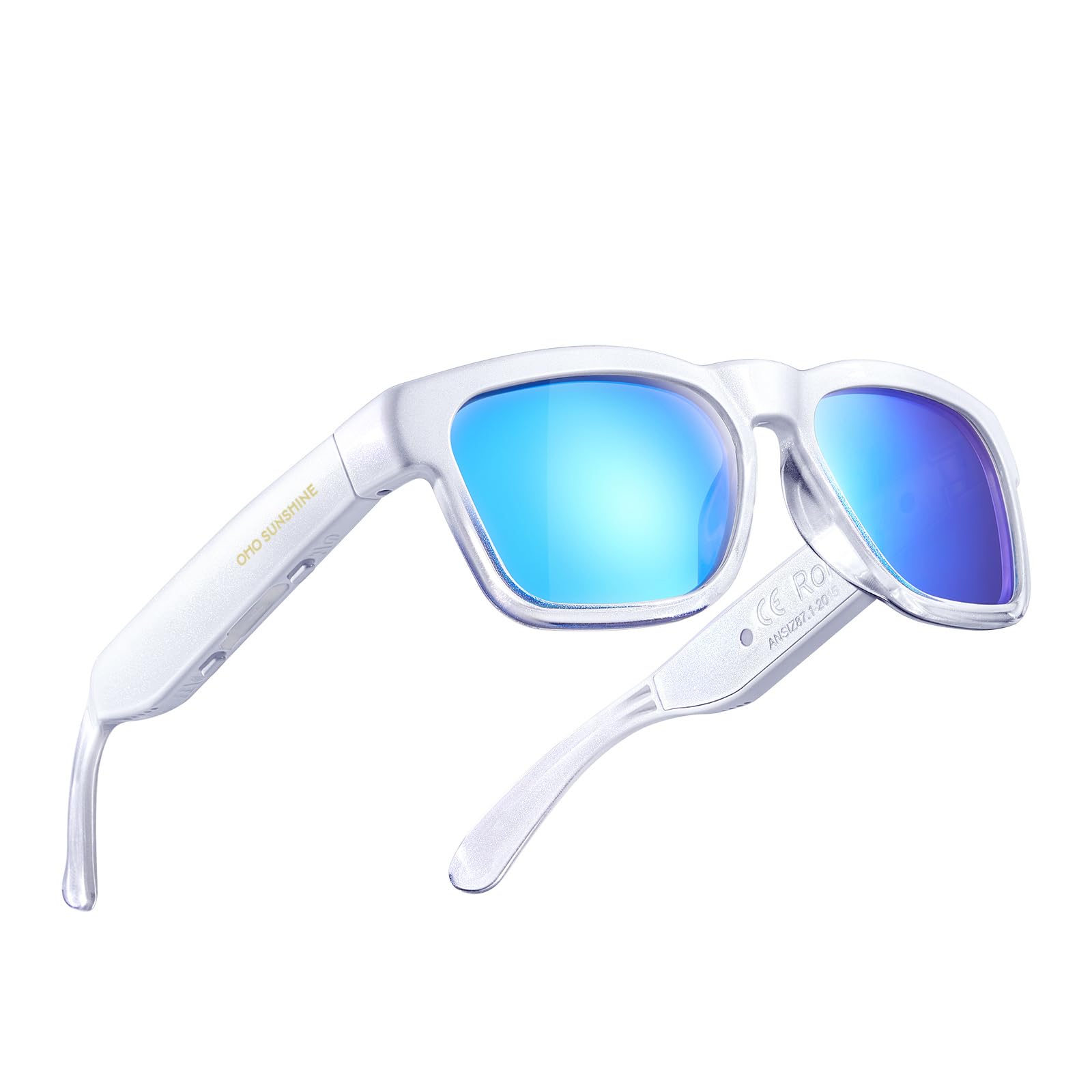 OhO sunshine گردنبند هوشمند Smart Glasses Unisex،عینک آفتابی پلاریزه با بلوتوث اسپیکر،محافظت UV و کنترل صدا برای فعالیت های ورزشی/فضای باز و لنز آبی-تیره شبحه