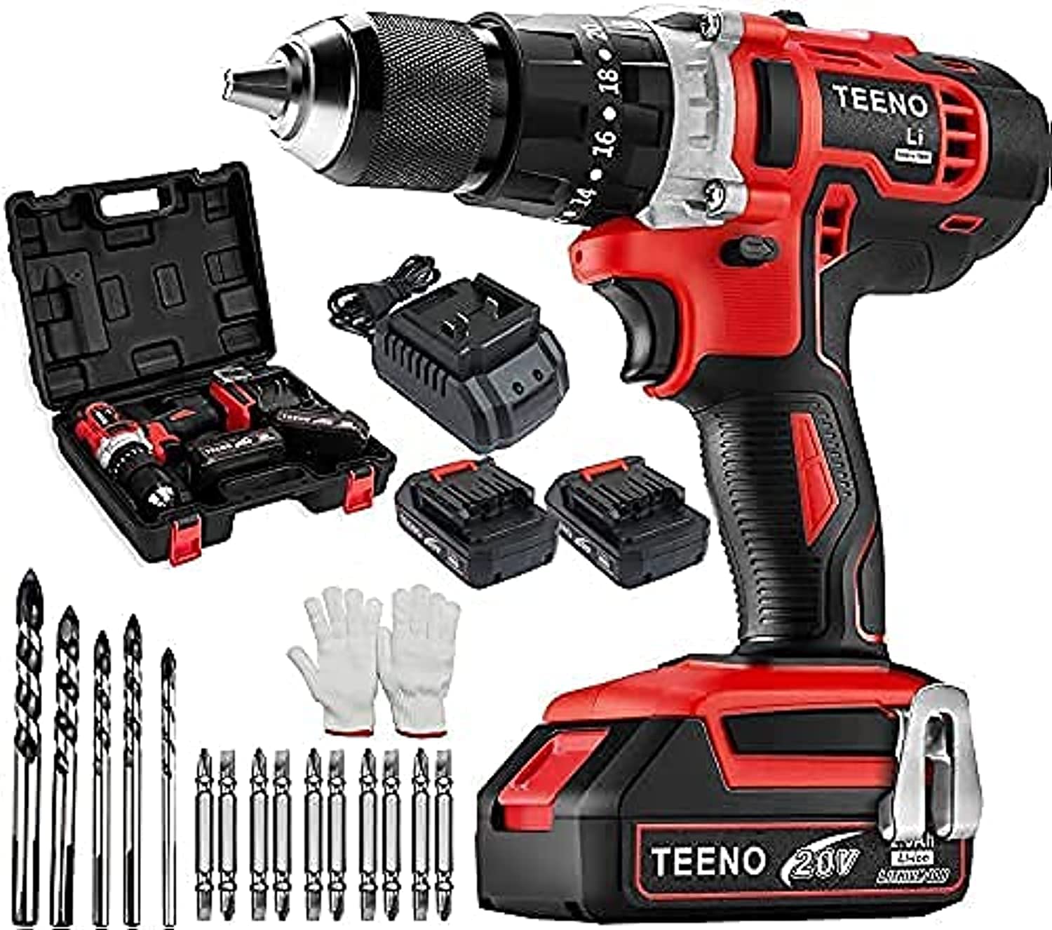 TEENO Cordless Drill Set, Hammer Drill Driver Set 20V 2x2.0Ah Li-Ion Battery, 1/2", with 15 Pieces Bits in Kitbox for Wood Drilling & Screwdriving/Fastening & Metal, Masonry Two batteries