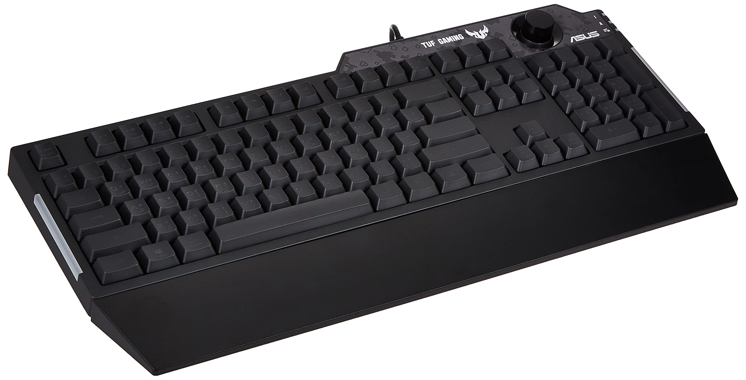 کیبورد بازی ممبرین Asus Tuf K1 برای کامپیوتر | قابل برنامه‌ریزی، حافظه داخلی | دکمه حجم مخصوص، روشنایی جانبی Aura Sync RGB | نورپردازی جانبی | نگهدارنده مچ دست جداشدنی | مقاوم در برابر ریزش مایعات | بسیار مقاوم | رنگ مشکی