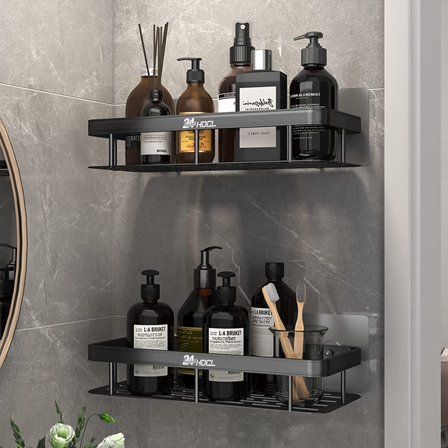قفسه حمام 24HOCL Shower Caddy Shelf【نسخه ارتقا یافته ضخیم شده】, قفسه حمام سیاه چسباندنی, سازماندهی حمام نصب شده بر دیوار بدون نیاز به حفره, سبد ضد زنگ برای حمام, توالت, آشپزخانه (2 بسته)