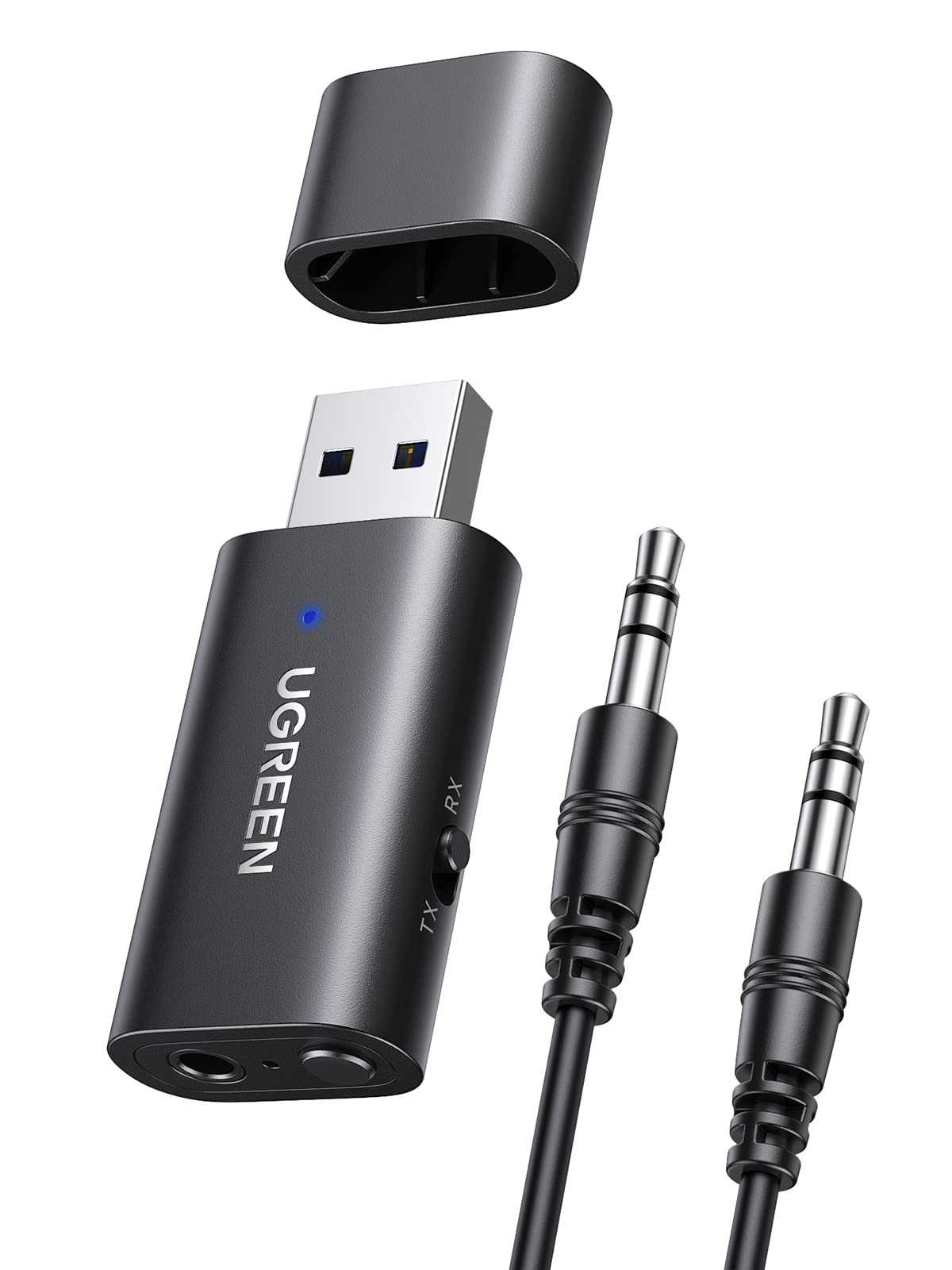 مبدل بلوتوث اتومبیل UGREEN نسخه 5.1 فرستنده و گیرنده 3.5 میلی‌متر AUX بی‌سیم تبدیل کننده صوتی فرستنده برای کامپیوتر و تلویزیون مبدل گیرنده بخاری برای خانه و ارتقا دهنده استریو با کابل صوتی 3.5 میلی‌متری و آداپتور برق USB