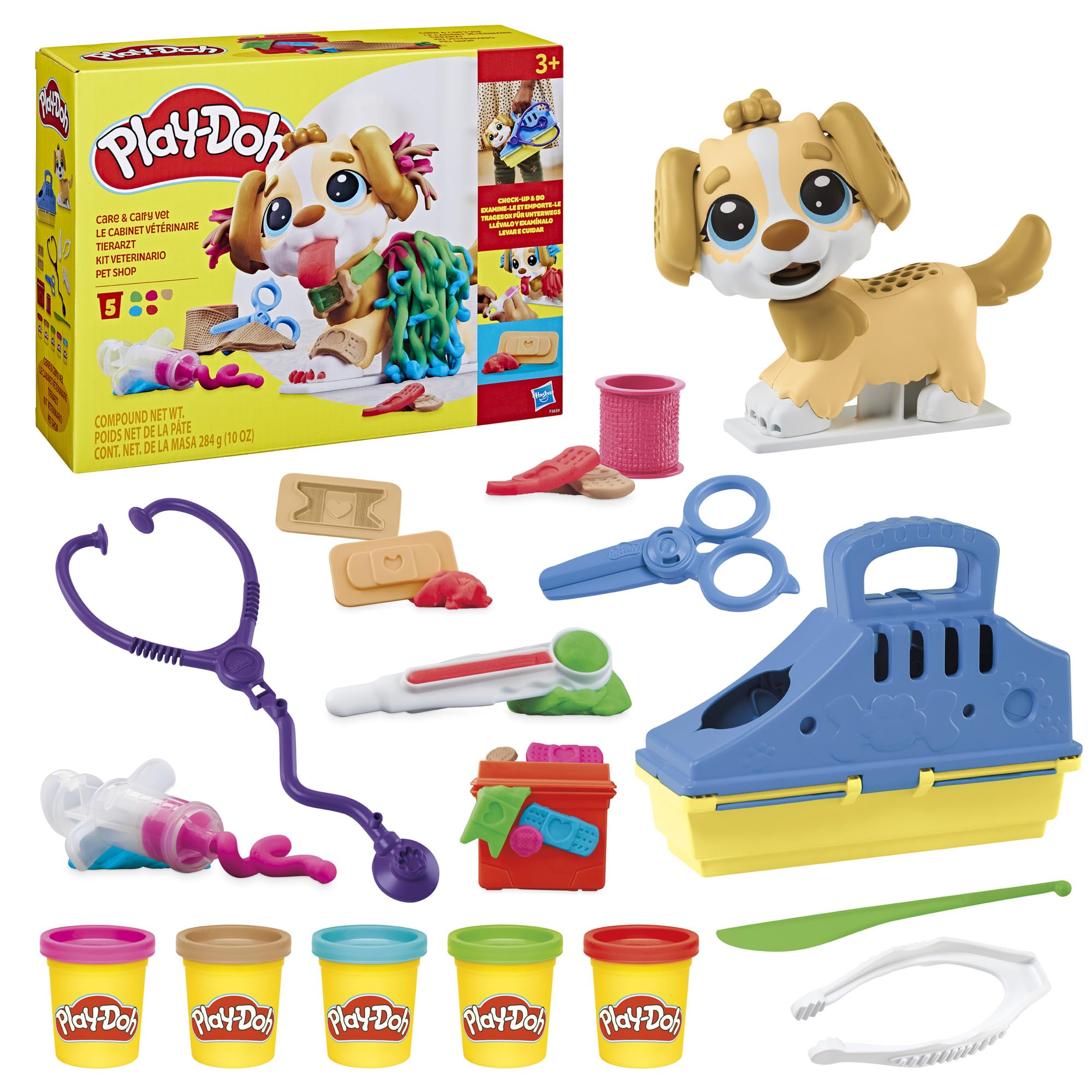 مجموعه بازی Play-Doh Care 'N Carry Vet برای کودکان ۳ سال و بالاتر با سگ بازی، جعبه نگهداری، ۱۰ ابزار، و ۵ رنگ مدلینگ مخصوص، اسباب بازی هنری و کاری غیر سمی برای کودکان، هدیه عالی برای پسران و دختران CARE N CARRY VET