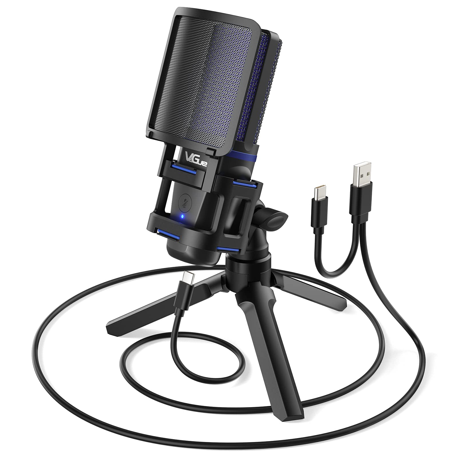 میکروفون USB VeGue برای کامپیوتر PS5، میکروفون کامپیوتر بازی کوندنسر با سرعت قطع سریع، نشانگر، استند ترایپاد، فیلتر پاپ، مونتاژ شوک، برای استریمینگ توییچ، پادکست، چت، ضبط، آبی VM30