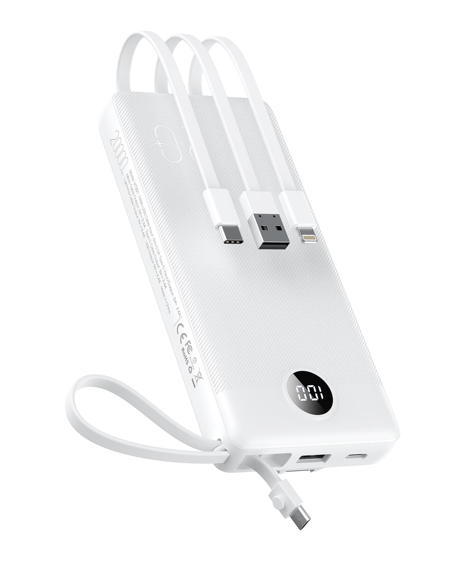 شارژر قابل حمل VEEKTOMX با کابل های داخلی، پاوربانک 20000mAh برای آیفون، باتری پک شارژ USB C سریع، پاوربانک لوازم سفر سازگار با آیفون، سامسونگ، اندروید و غیره 20000mAh سفید