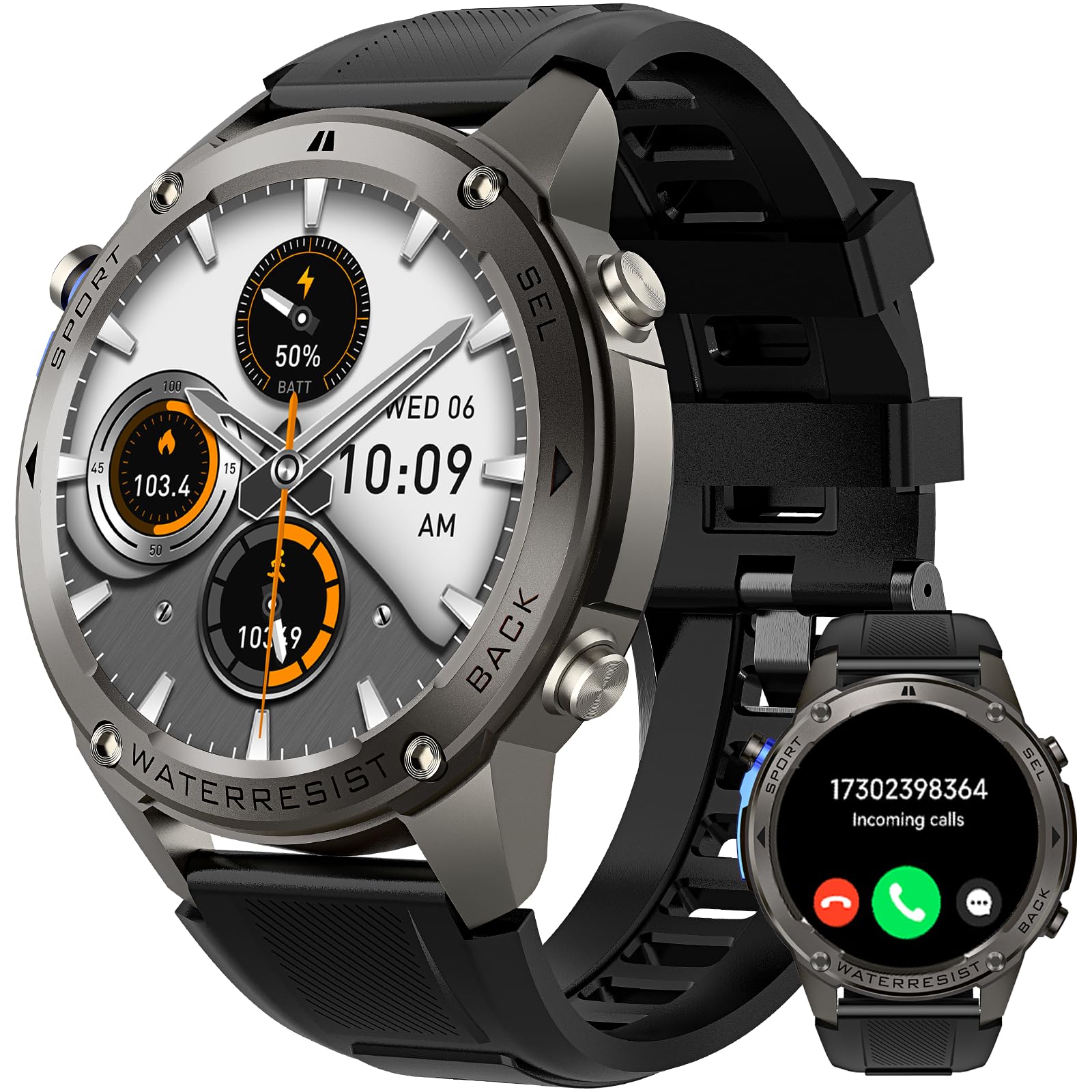Military Smart Watch Men Outdoor Waterproof Tactical Smart Watch Bluetooth Talk Speaker 1.3 Inch HD Touch Screen Fitness Tracker Compatible with iPhone Samsung (Black + Extra Stainless Steel Strap)