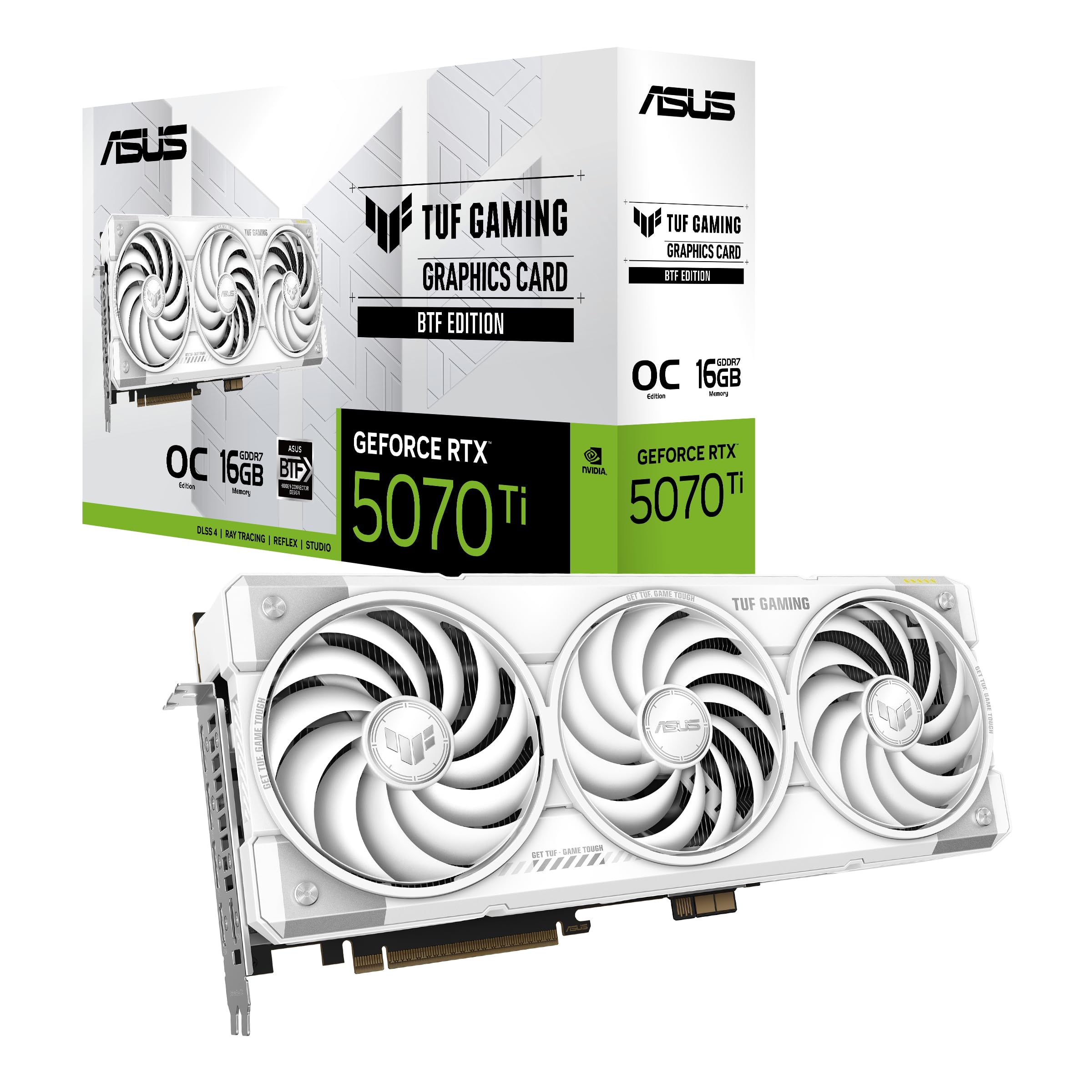 ASUS TUF Gaming NVIDIA GeForce RTX 5070 Ti BTF Edition با حافظه 16 گیگابایت GDDR7 و نسخه OC سفید، خنک‌کننده سه فن، کارت گرافیک PCIe 5.0 (90YV0N60-M0NA00)