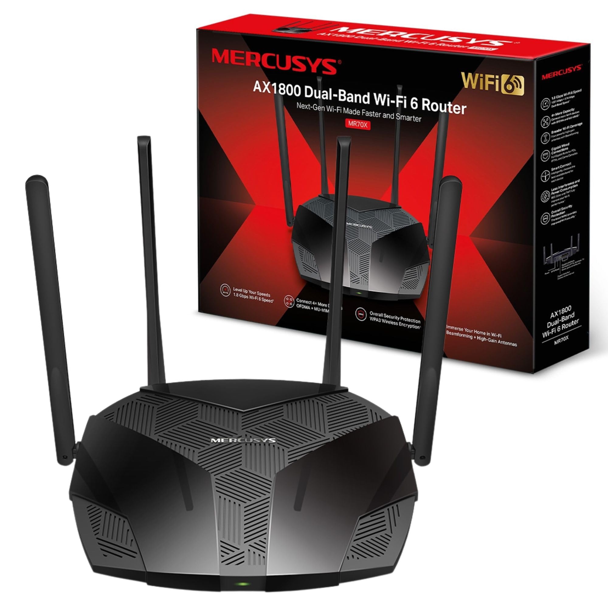 مسیریز دو باند Wi-Fi 6 Mercusys AX1800، سرعت وای فای تا 1201 مگابیت بر ثانیه در 5 گیگاهرتز + 574 مگابیت بر ثانیه در 2.4 گیگاهرتز، 3 پورت LAN گیگابیت، ایده آل برای بازی های اکس‌باکس/پلی‌استیشن4/استیم و 4K (MR70X)، مشکی مسیریز AX1800 مگابیت در ثانیه مودم وای فای 6، 4 پورت گیگابیت