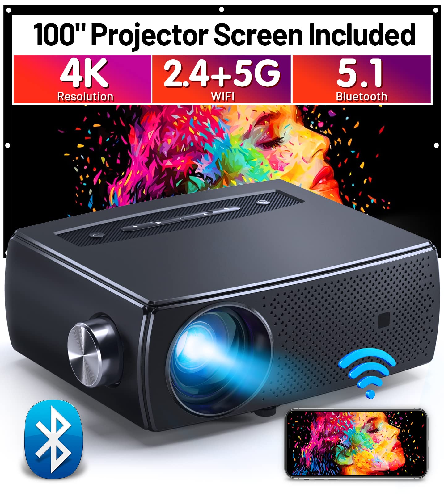 پروژکتور ClokoWe، 10000L 1080P HD 5G WiFi Bluetooth پروژکتور، پروژکتور قابل حمل با صفحه نمایش، پروژکتور سینمایی خانگی سازگار با اندروید / آی او اس / TV Stick / PS4، پشتیبانی از 4K و 300 اینچ