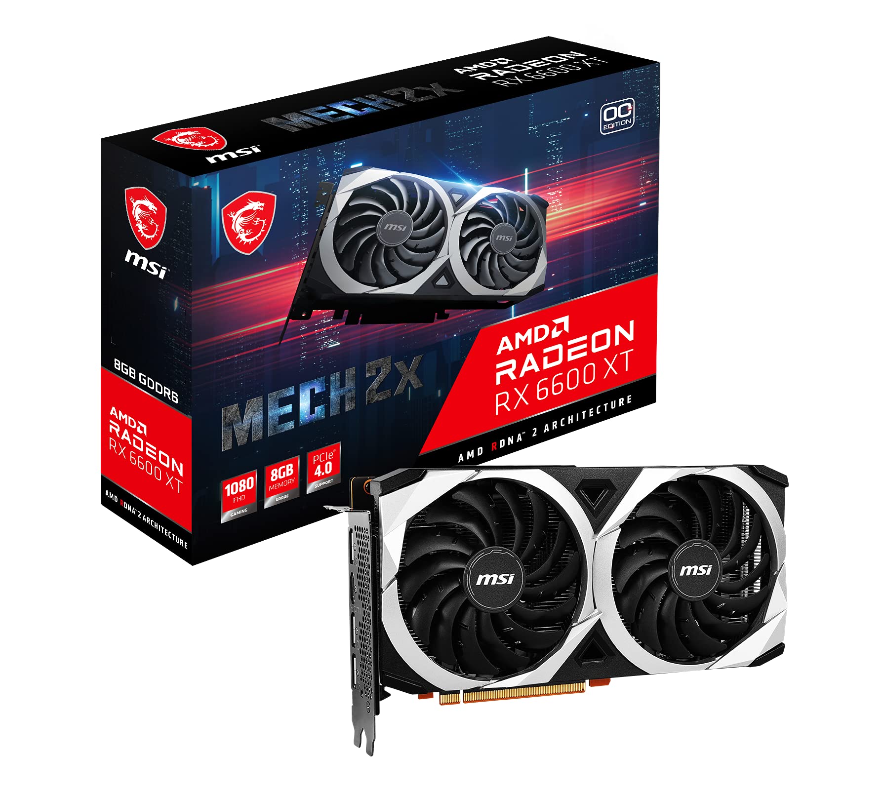 کارت گرافیک بازی MSI Radeon RX 6600 XT Mech 2X 8G OC - 8GB GDDR6، 2602Mhz، PCI Express 4، 128-Bit، 3X DP V1.4، HDMI 2.1 (پشتیبانی از 4K و 8K) RX 6600 Radeon RX 6600 XT MECH 2X 8G OC Single