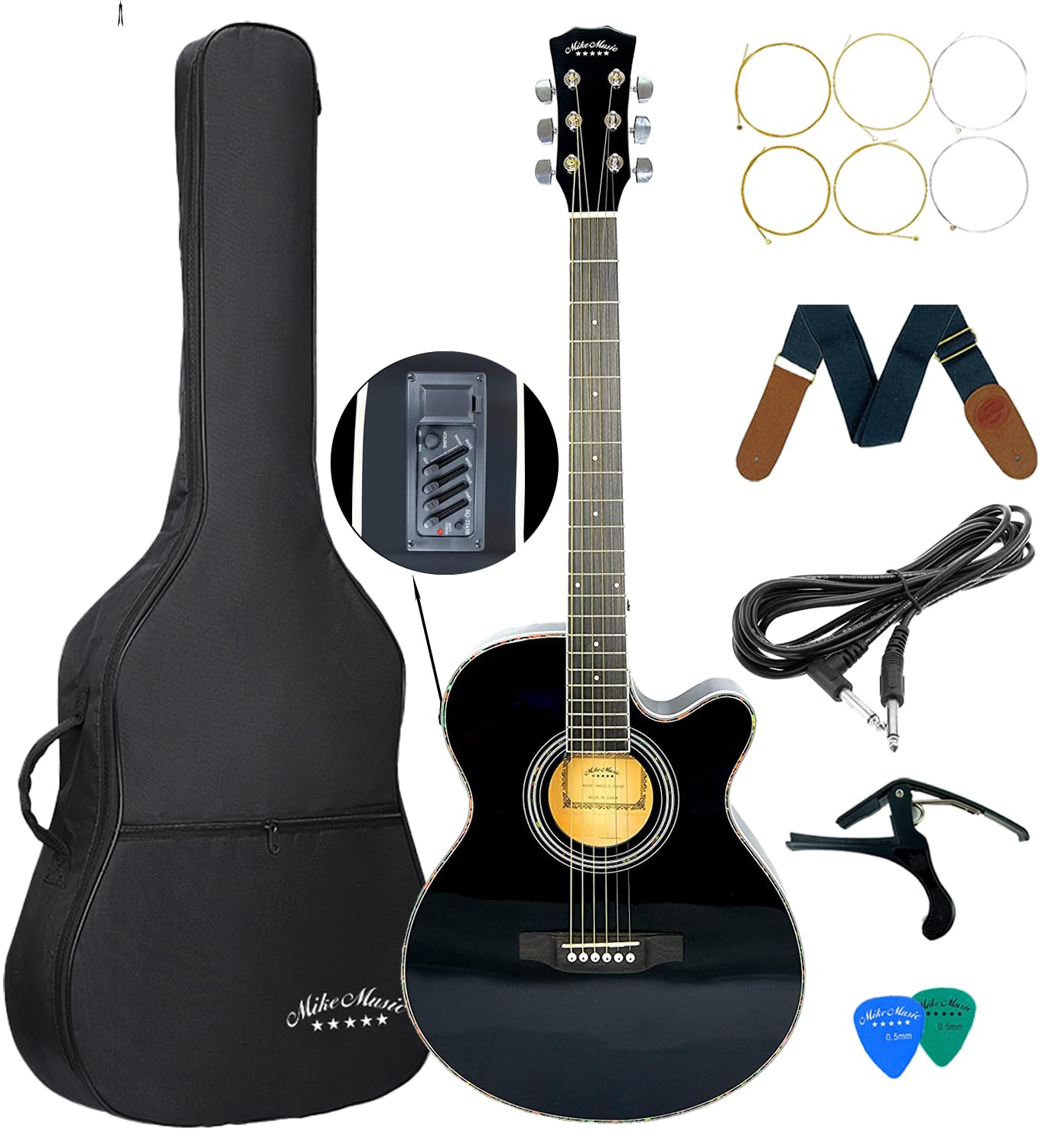 گیتار اکوستیک الکتریک Mike Music سایز 40 اینچ با ایکولایزر ۴ باند، تراز رود تنظیم‌پذیر همراه با کیف، طناب اضافی، پلاک‌ها، کمربند، کابل، کاپوستن (سیاه) 40 اینچ اسلیم، رنگ مشکی،