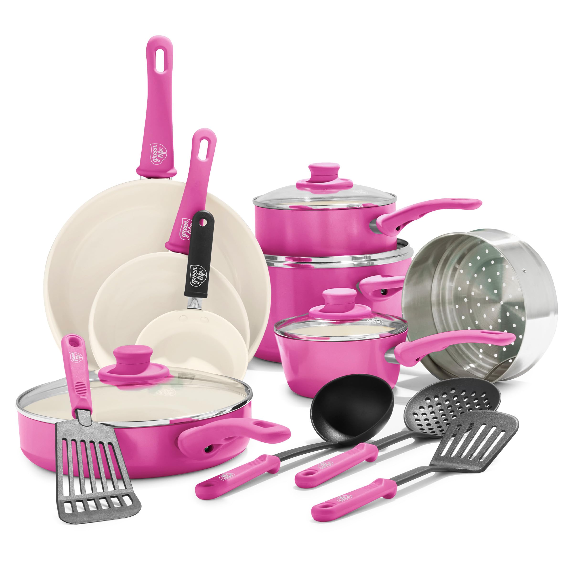 سِت ظروف تهیه غذا و تابه‌های سرخ کن 16 تکه‌ای GreenLife Soft Grip Healthy Ceramic Nonstick، بدون PFAS، قابل شستشو در ماشین ظرفشویی، رنگ صورتی روشن 16 تکه‌ای
