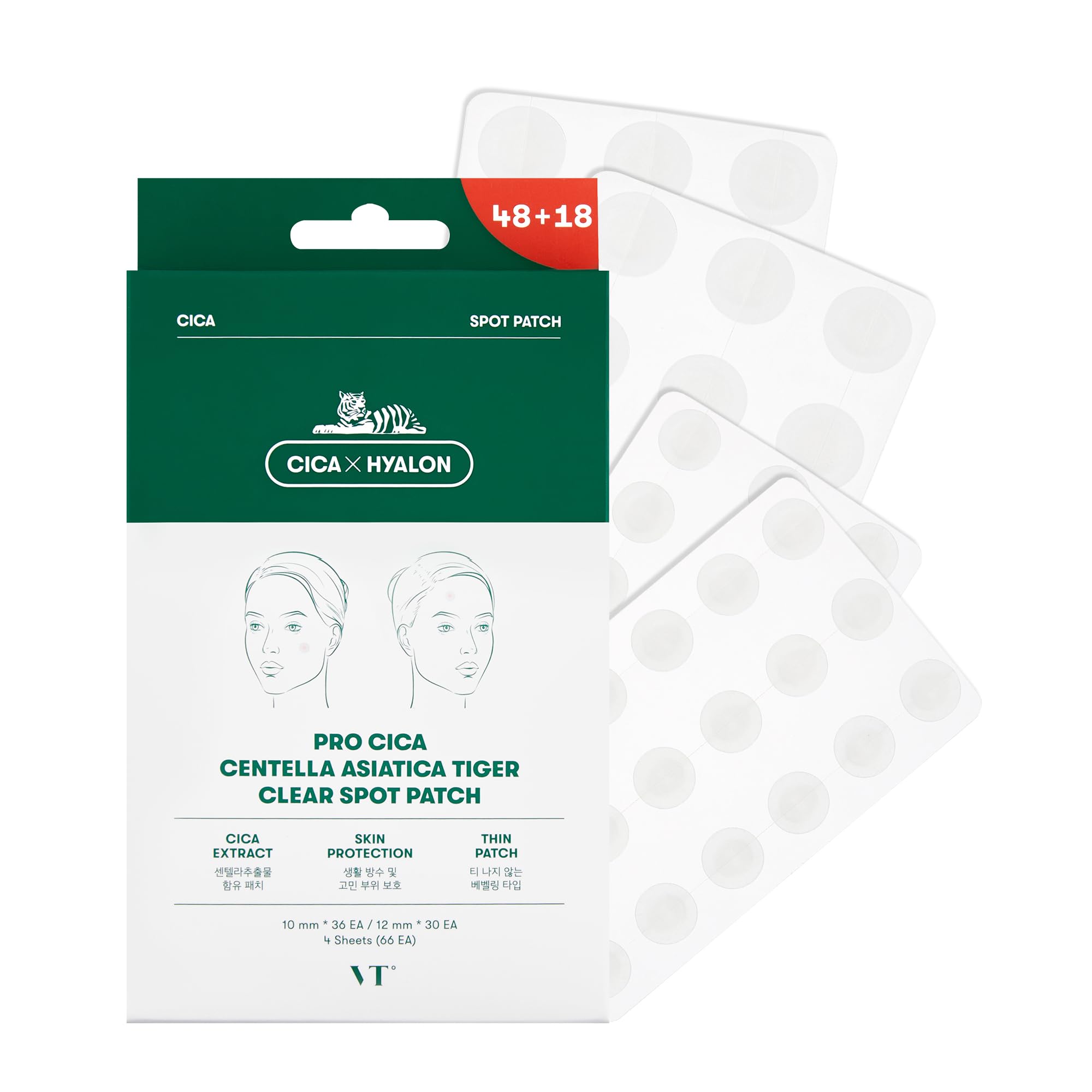 پوشش پوست کوشمتیکس VT Pro CICA Centella Asiatica Tiger Clear Spot Patch | پوچ پیسل برای پوشش جوش‌ها و لکه‌ها، استیکر پوینت‌زبرای صورت و پوست (66 عدد)