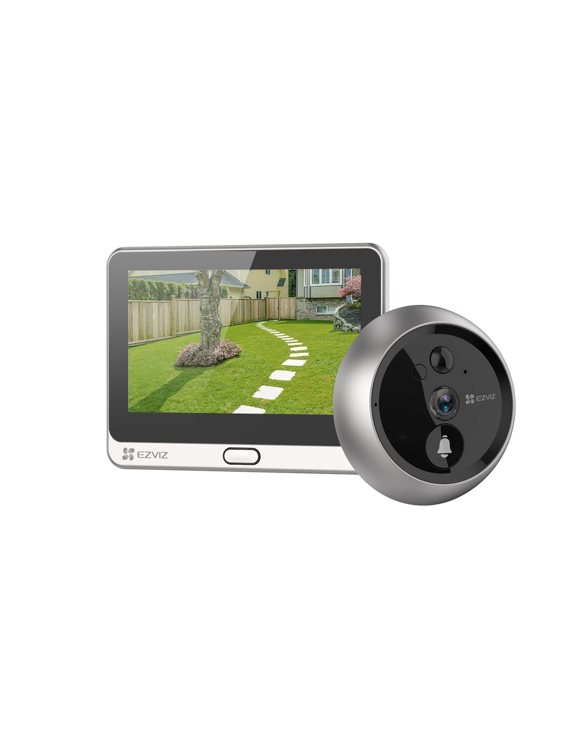 دوربین نگاهبان ویدیویی EZVIZ DP2C با نمایشگر رنگی 4.3 اینچی، زنگ ساخته شده، باتری قابل شارژ، مشاهده از طریق اپلیکیشن، صدای دو طرفه، تشخیص حرکت PIR، محوطه فلزی، ابر/کارت حافظه SD