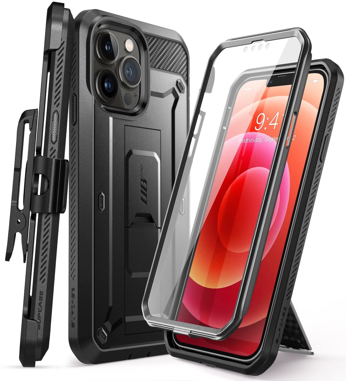 کیس SUPCASE [مجموعه یکشاخه تک‌شاخه] طراحی شده برای iPhone 13 Pro، 6.1" (انتشار 2021)، کیس محافظ کامل با دسته حمل محکم و صفحه‌نمایش داخلی و پایه نگهدارنده و کلیپ کمری - مشکی