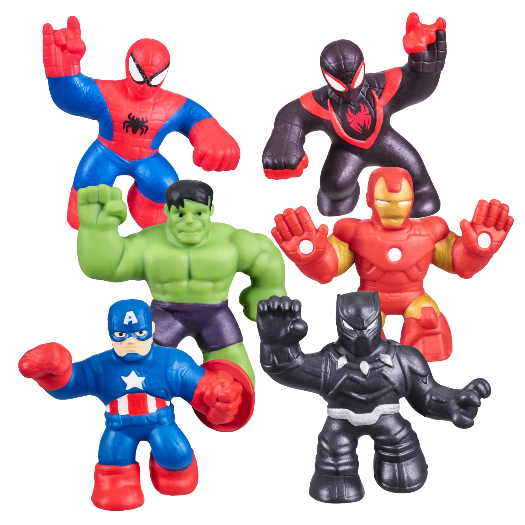 پیک 6 تایی ابرقهرمان‌های Goo Jit Zu Marvel Mega Mini - ایرون‌من، اسپایدر-من، کاپیتان آمریکا، مایلز مورالس، هالک و پلنگ سیاه