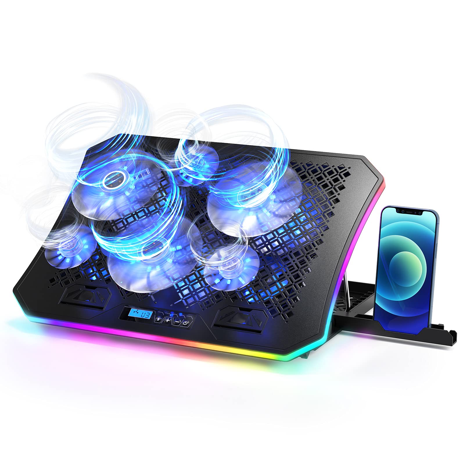 صفحه خنک‌کننده لپ‌تاپ با نورهای RGB و 6 فن خنک‌کننده، پایه با 7 ارتفاع قابل تنظیم، مناسب برای لپ‌تاپ‌های 15 تا 17.3 اینچ، تغذیه‌شده از طریق USB.