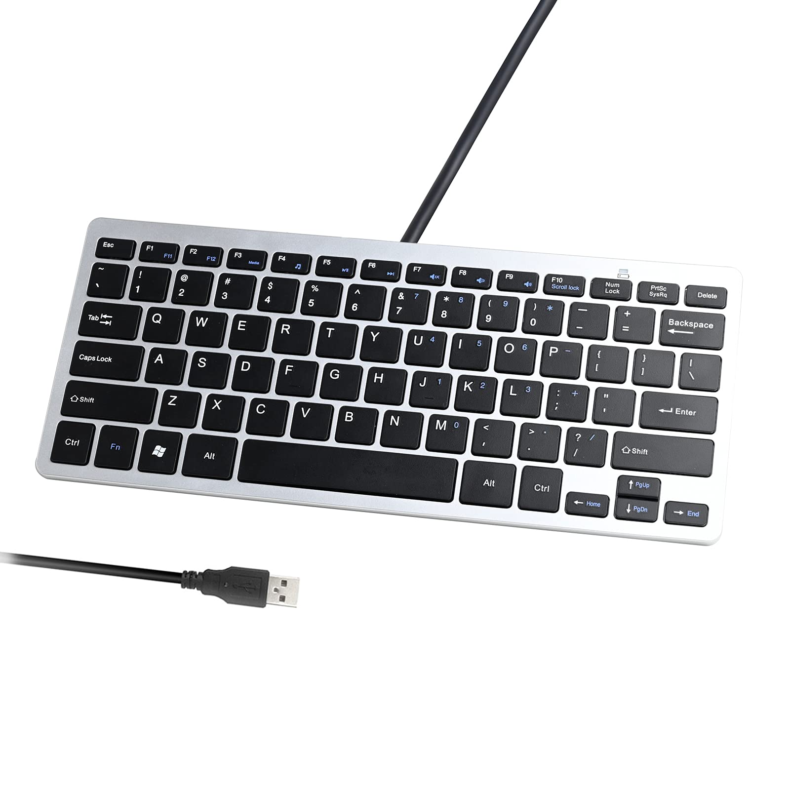 صفحه کلید باسیم USB کوچک Powboro 2021 برای لپ‌تاپ‌ها و کامپیوترها با سیستم عامل مک و ویندوز، دارای ۷۸ کلید اسیمتری با ضخامت کم به همراه دکمه‌های چندرسانه‌ای (نقره‌ای + مشکی)