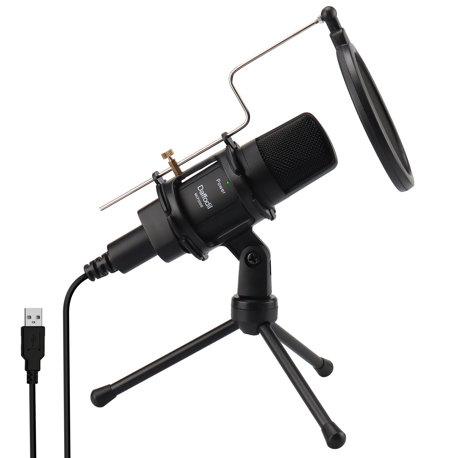 میکروفون کاندنسر یو اس بی چندجهته Daffodil MCP200 با تریپاد و فیلتر صدا - میکروفون حرفه ای برای کامپیوتر و مک، همراه با استند برای ضبط پادکست، گیمر، استودیو، استریم، ای اس ام ار و محل کامپیوتر - رنگ مشکی