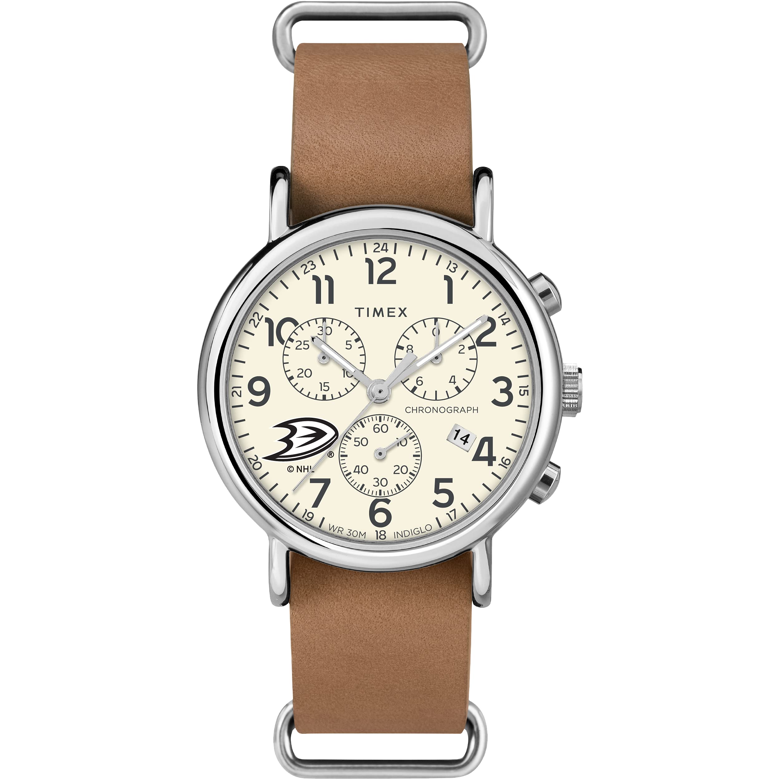 Timex Tribute ساعت مردانه NHL Weekender Chrono با قطر 40 میلیمتر، بند چرمی کوارتز داکز آنهایمایم