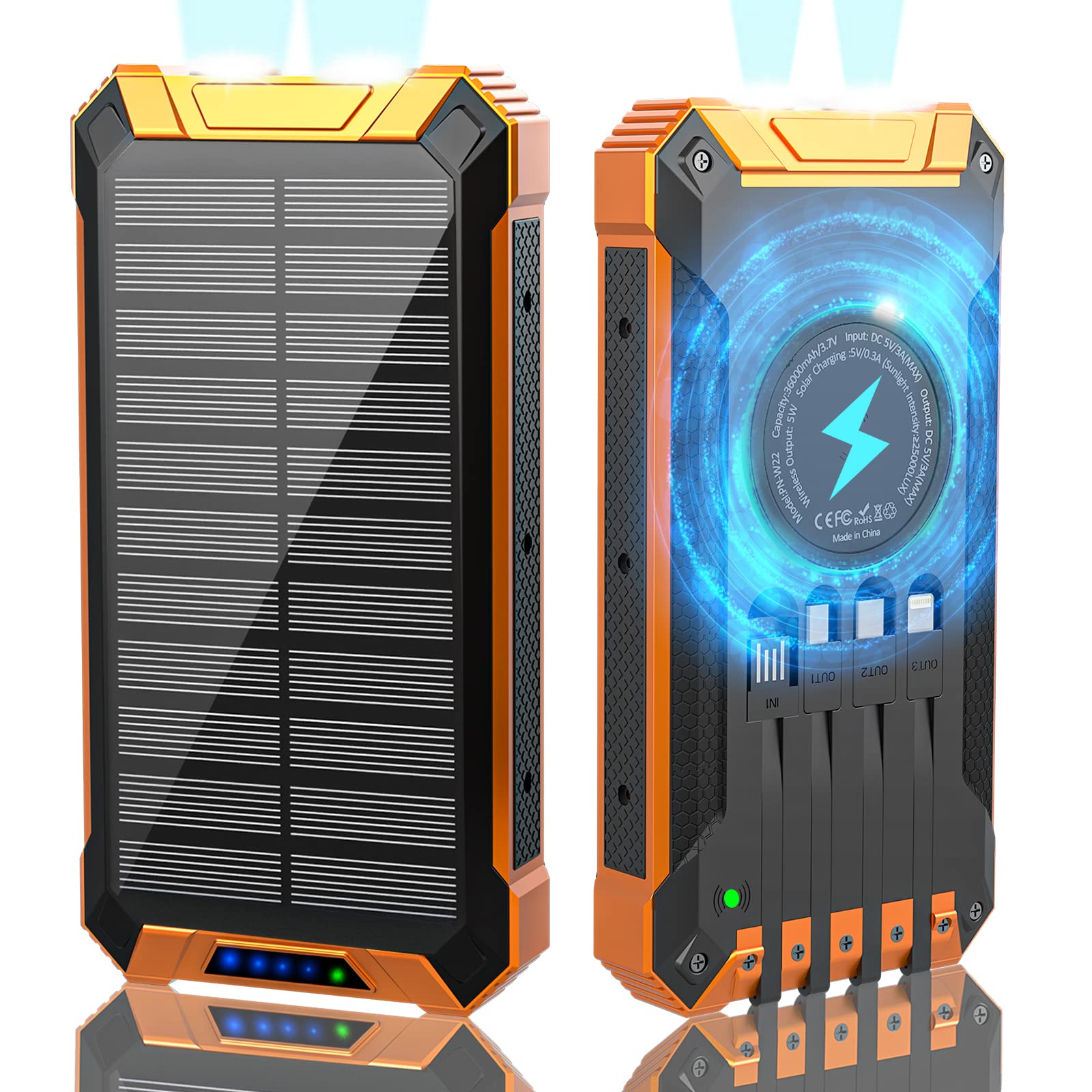 بانک انرژی خورشیدی 36000mAh، شارژر خورشیدی بی‌سیم Qi با 4 کابل داخلی، باتری ضدآب با استاندارد IPX4 ورودی 3 و خروجی 6، چراغ قوه LED/کرابینر، مناسب برای کوهنوردی، کمپینگ و ماجراجویی (نارنجی)