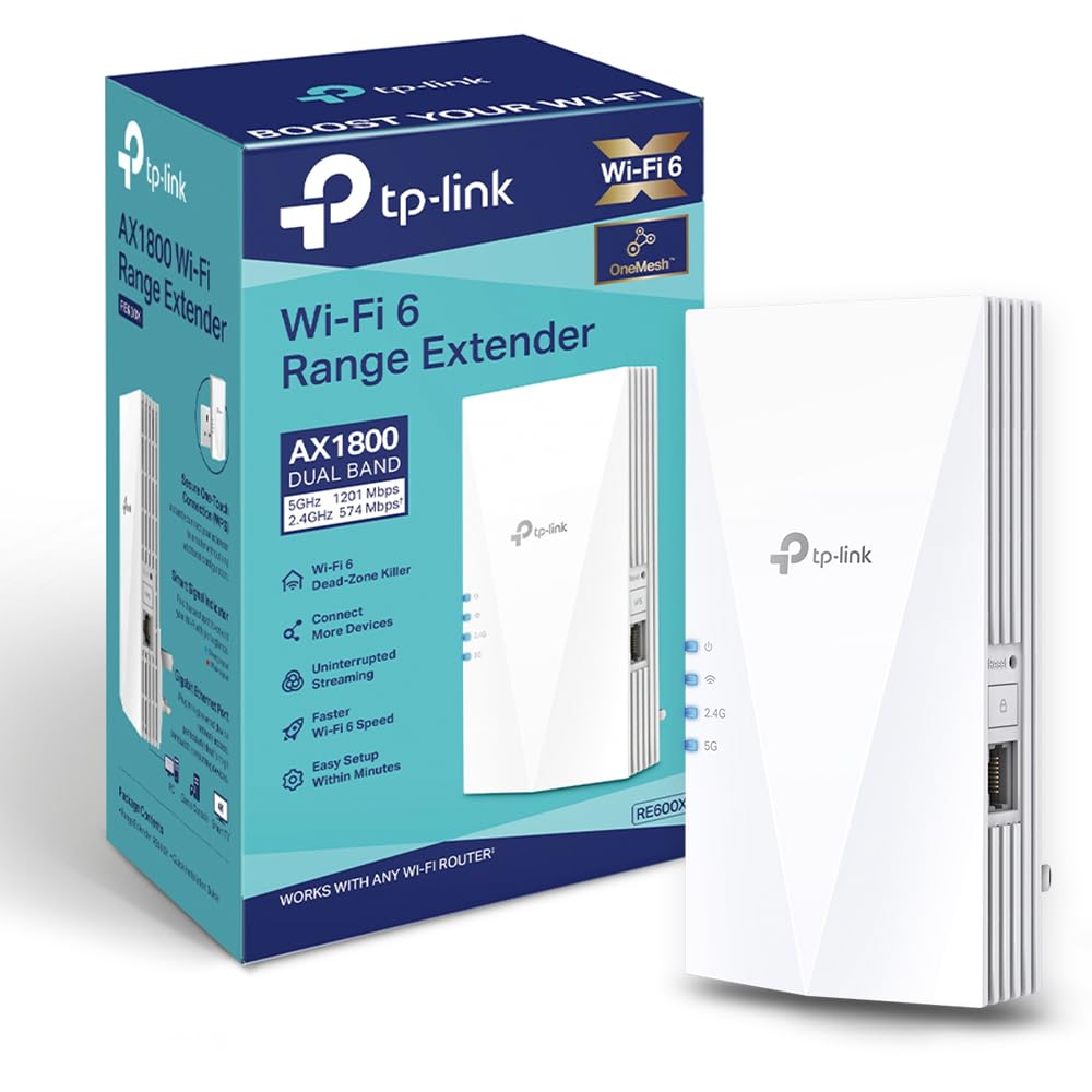 TP-Link RE600X AX1800 Wi-Fi 6 Range Extender - با سرعت Wi-Fi 6 افزایش می‌دهد، شبکه Mesh بی‌درز ایجاد می‌کند، پورت اترنت گیگابیت، چراغ سیگنال هوشمند، حالت AP، راه‌اندازی آسان با اپلیکیشن TP-Link Tether.