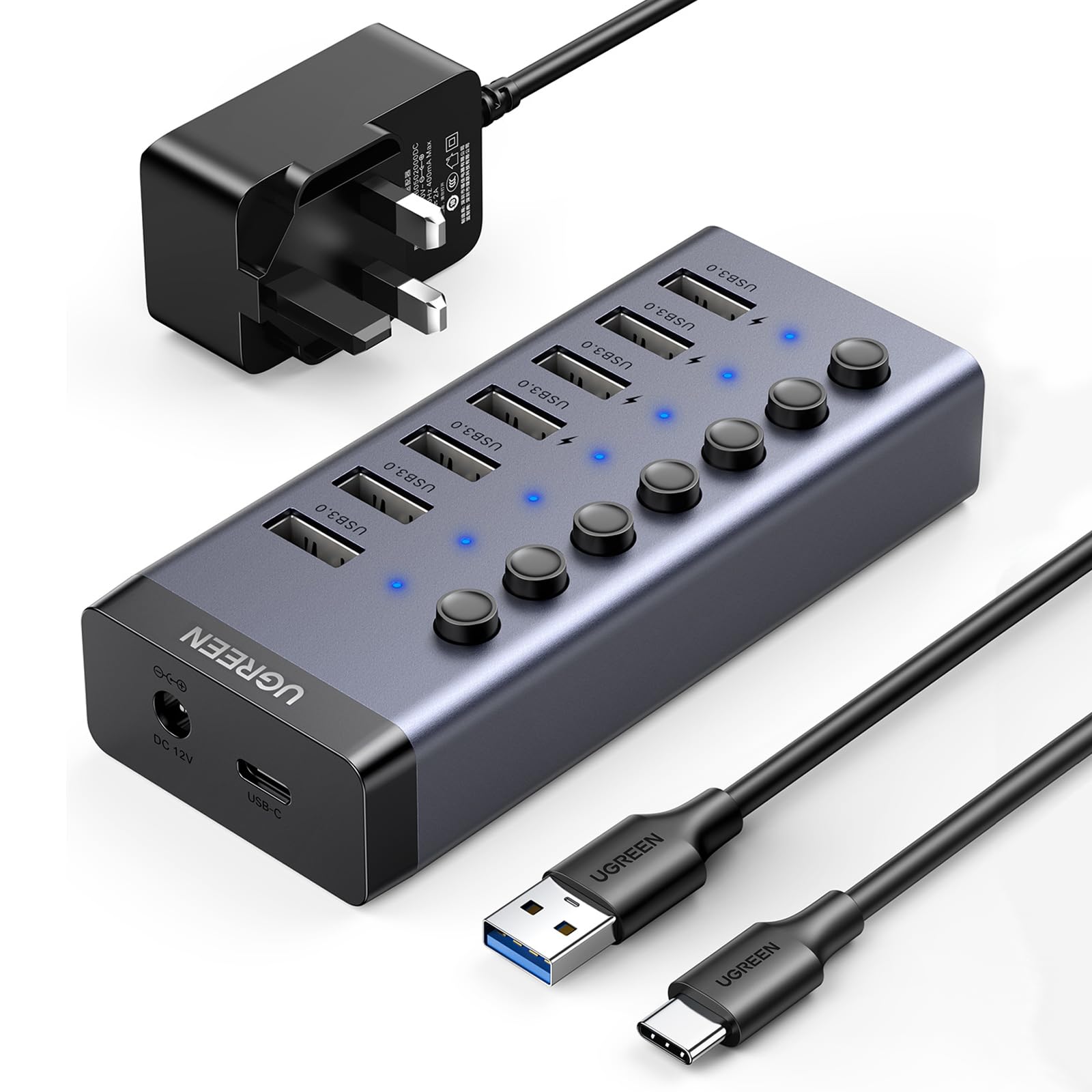 هاب USB تغذیه شده UGREEN 3.0، 7 پورت شارژر دیتا هاب (12V / 2A شارژ سریع نیست) تقسیم کننده افزونه، آداپتور USB A قدرتی با کلیدهای فعال / غیرفعال مجزا برای لپ تاپ، کامپیوتر شخصی، هارد دیسک، فلش درایو ۷ پورت‌ها