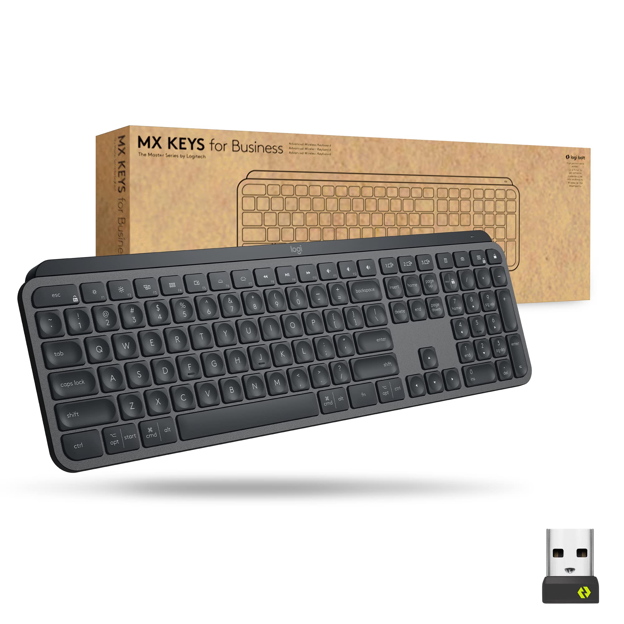کیبورد بی‌سیم روشنایی‌دار پیشرفته Logitech MX Keys برای کسب‌وکار، گیرنده USB Logi Bolt، بلوتوث، کلیدهای پشتیبانی‌دار، قابل‌شارژ، ویندوز/مک/لینوکس - گرافیت