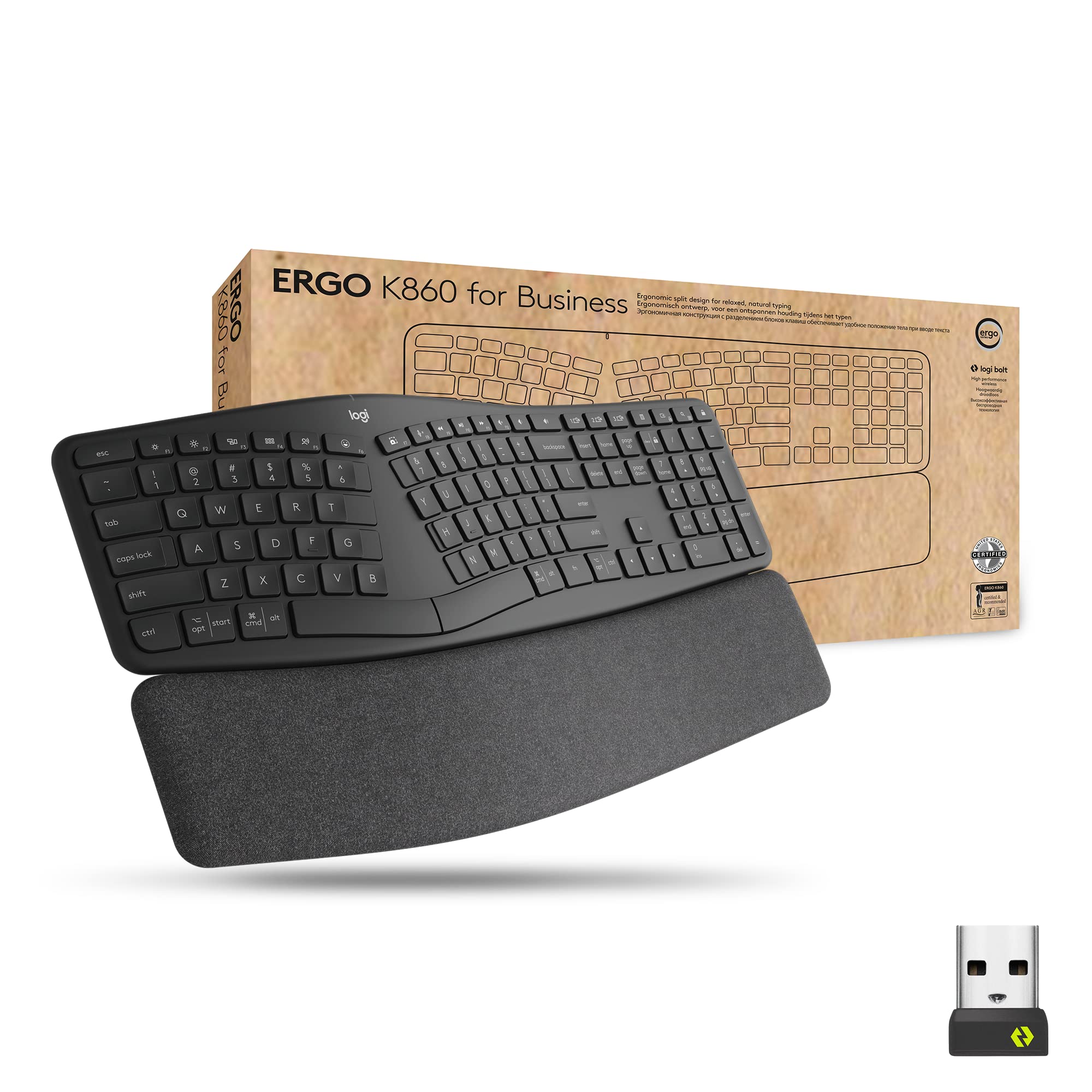 کیبورد بی‌سیم تقسیم‌شده Logitech Ergo K860 برای کسب و کار - طراحی ارگونومیک، فناوری امن Logi Bolt، بلوتوث، گواهی‌نامه‌های جهانی، ویندوز/مک/کروم/لینوکس - گرافیت