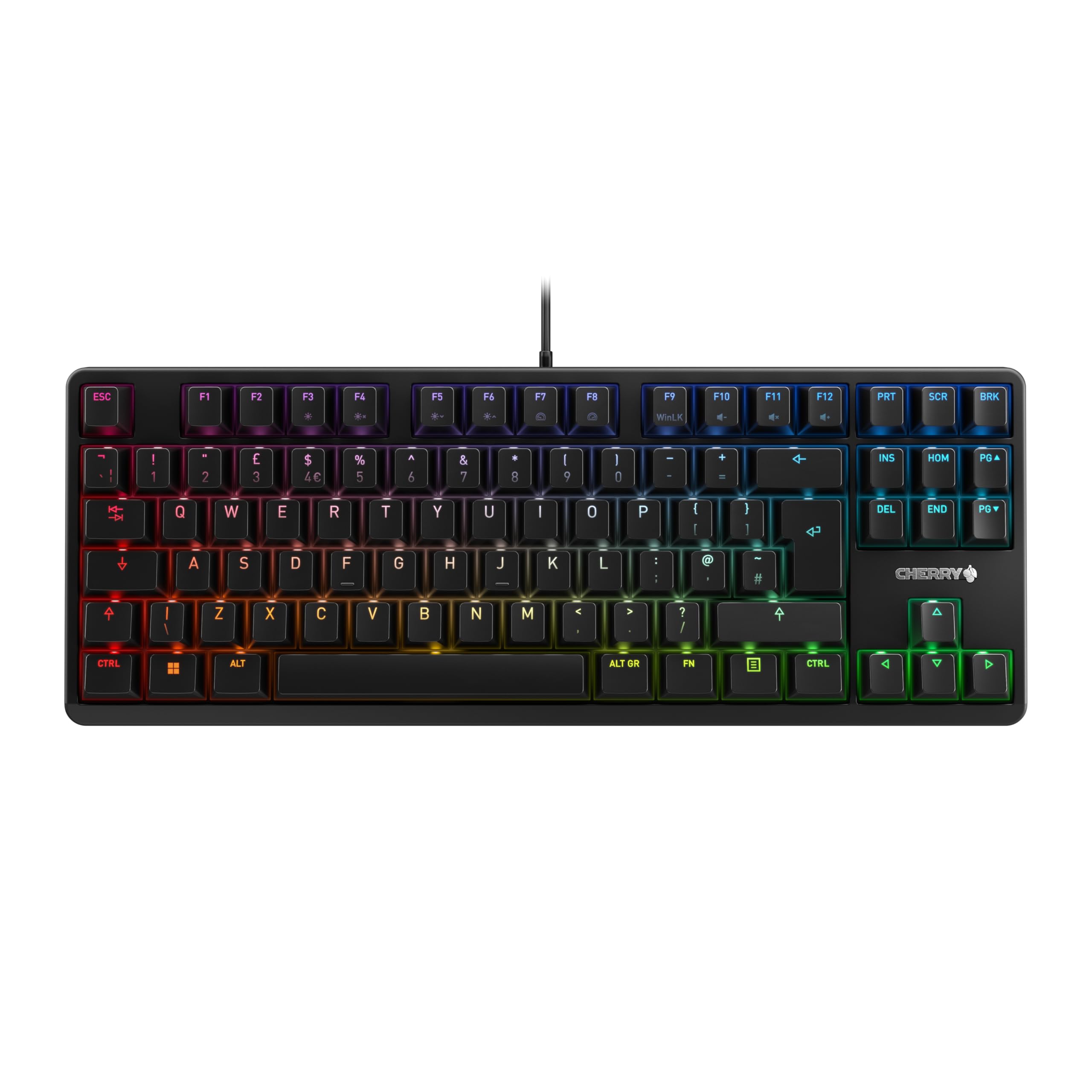 صفحه کلید شری G80-3000N RGB TKL، طرح بریتانیایی، صفحه کلید QWERTY، صفحه کلید سیمی، صفحه کلید مکانیکی بازی، کلیدهای MX SILENT RED SWITCHES، طرح بریتانیایی سیاه - QWERTY سیاه