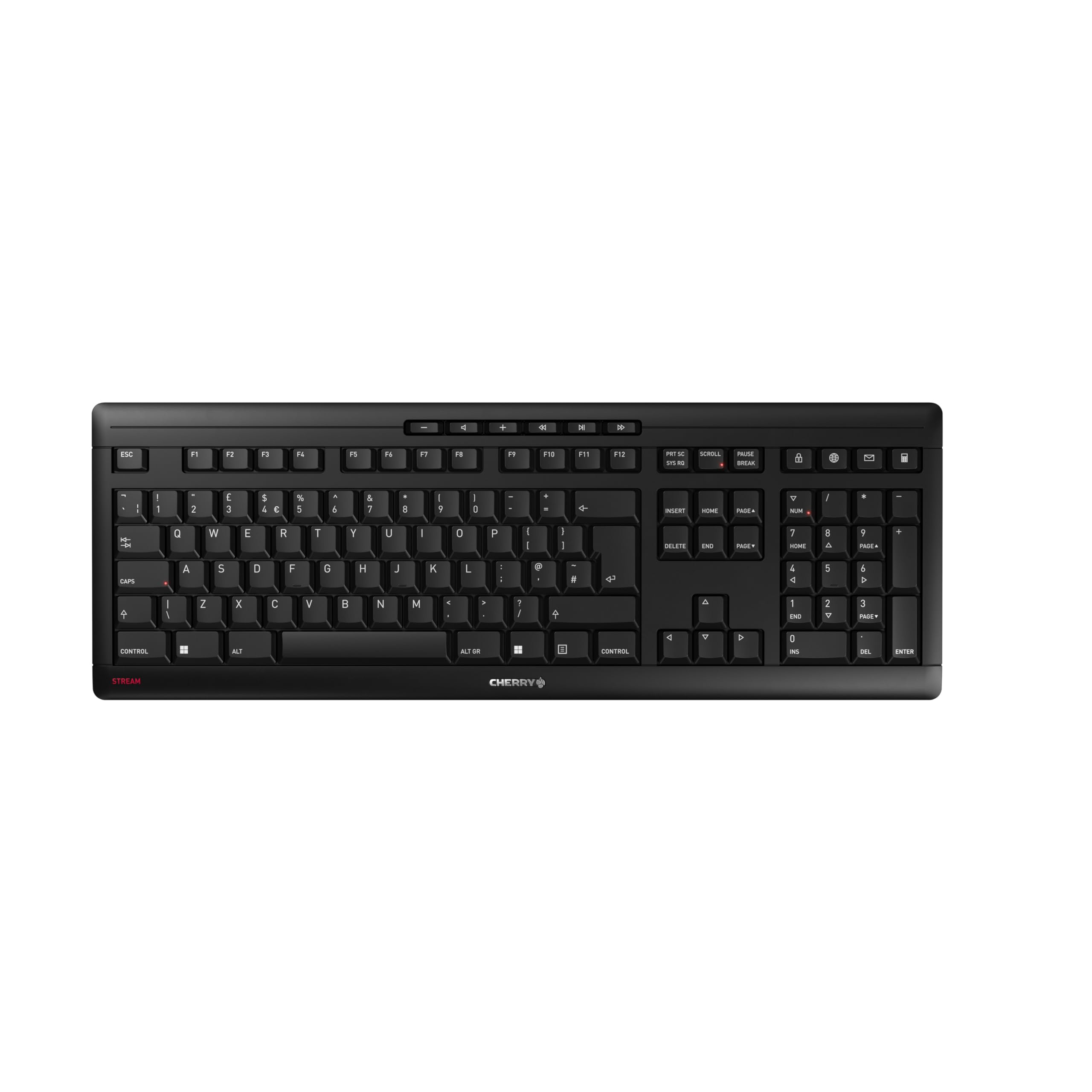 کیبورد بی‌سیم CHERRY STREAM، کیبورد بی‌سیم، طرح UK (QWERTY)، فرکانس 2.4 گیگاهرتز RF، کلیدهای ساکت، طراحی صاف، با باتری، رنگ مشکی - طرح UK QWERTY مشکی