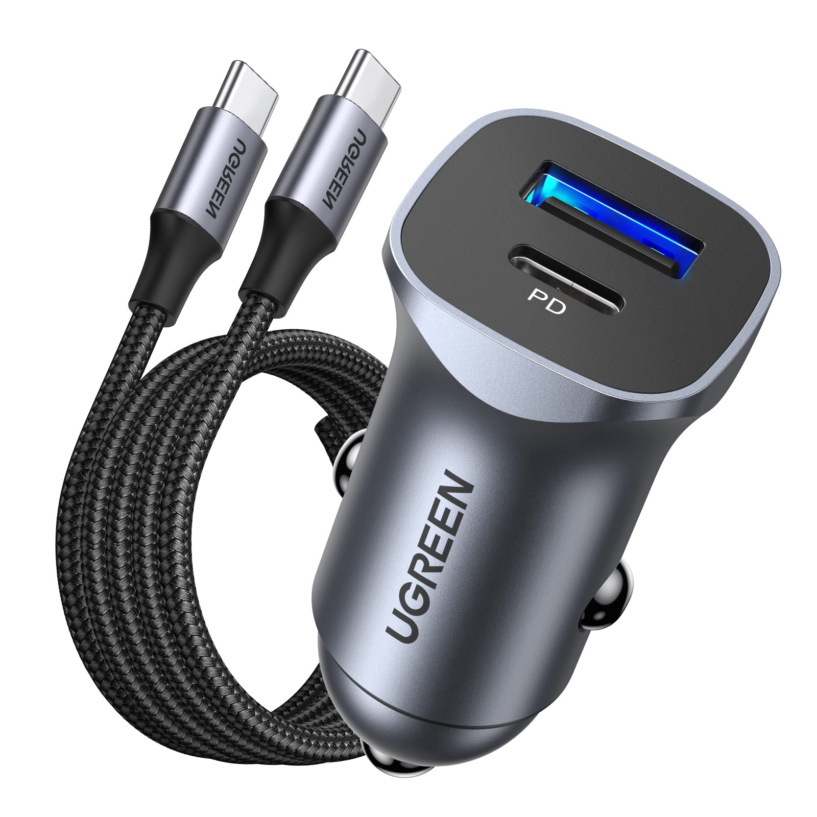 شارژر خودرو UGREEN با شارژ سریع PD30W دو پورت USB C آیفون 16 پرو شارژر سریع شارژر تلفن خودرو آداپتور دیواری با کابل USB C 1M بافته شده برای آیفون 16، گلکسی S24، هواوی، آیپد پرو، شیائومی، و غیره 30W با کابل