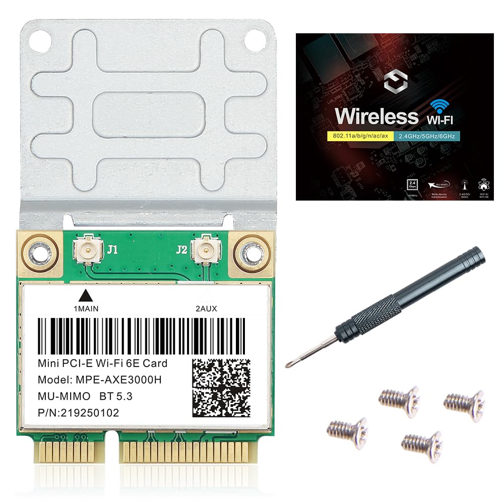کارت شبکه بی‌سیم Mini PCI-E Wi-Fi 6E مدل MPE-AXE3000H با سرعت 5400 مگابیت بر ثانیه در باندهای 2.4 گیگاهرتز، 5 گیگاهرتز و 6 گیگاهرتز، دارای بلوتوث 5.2، استاندارد 802.11AX AC، قابلیت MU-MIMO و Half Mini PCIe ویندوز 10 پشتیبانی می‌کند، نصب و راه‌اندازی آسان برای لپتاپ‌های PC.