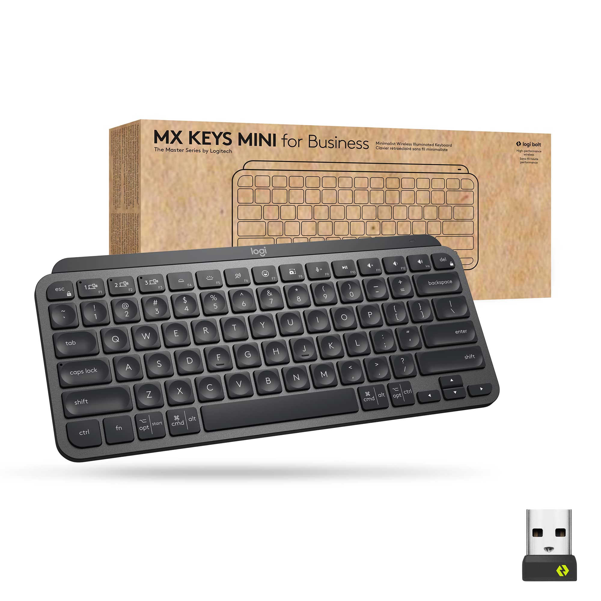 کیبورد بی‌سیم روشنایی شده Logitech MX Keys Mini برای کسب و کار، کوچک، فناوری Logi Bolt، نورپردازی پشتی، قابل شارژ، گواهی‌نامه‌های جهانی، سازگار با ویندوز/مک/کروم/لینوکس - گرافیت