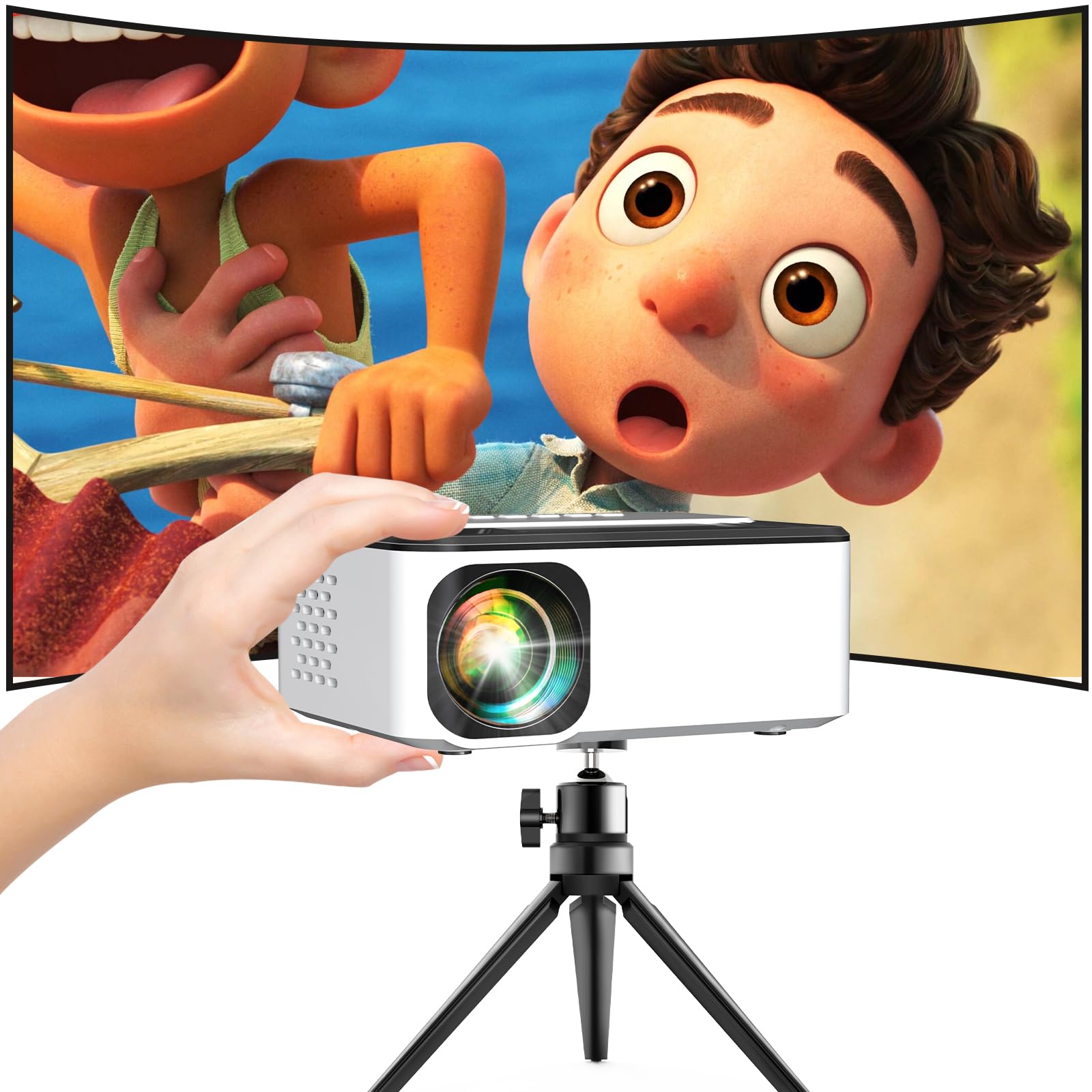 پروژکتور قابل‌حمل PURSHE Mini با 7500 لومنس [صفحه پروژکتور 100 اینچ همراه] پشتیبانی از Full HD 1080P، سازگار با TV Stick، تلفن، بازی‌ها، HDMI، AV، پروژکتور اسلاید برای فیلم‌های خارجی